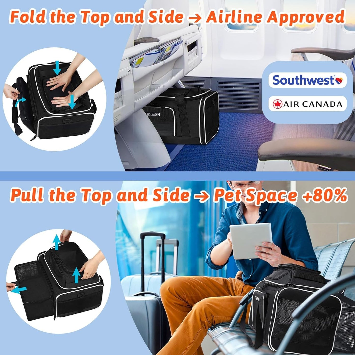 Petskd Top and Side Expandable Pet Carrier 17x12x8.5 Inches JetBlue Frontier Spirit Airline Approved, Soft-Sided Carrier for Small Cats and Dogs with Locking Safety Zipper and Anti-Scratch Mesh(Black)