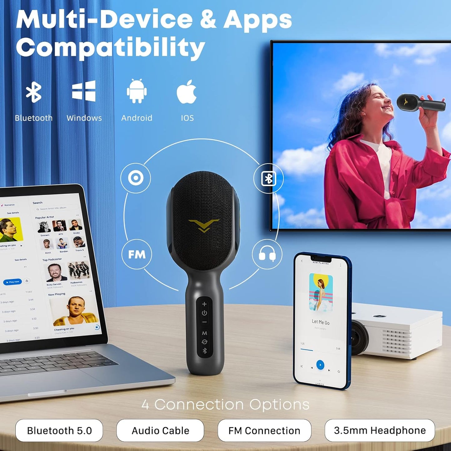 Wireless Bluetooth Karaoke Microphone, 5-in-1 Portable Handheld Mic Speaker with Dynamic RGB Lights, Mini Karaoke Machine for Car Travel Home Party, Music Recording, Duet Singing, Gift for Kids Adults