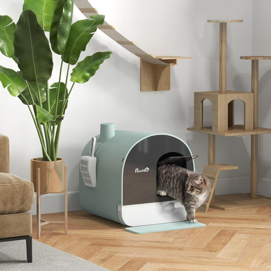 PawHut Large Cat Litter Box with Lid, Enclosed Kitty Litter Box with Slide-Out Tray, Scoop, Filter, Green - PuriLite
