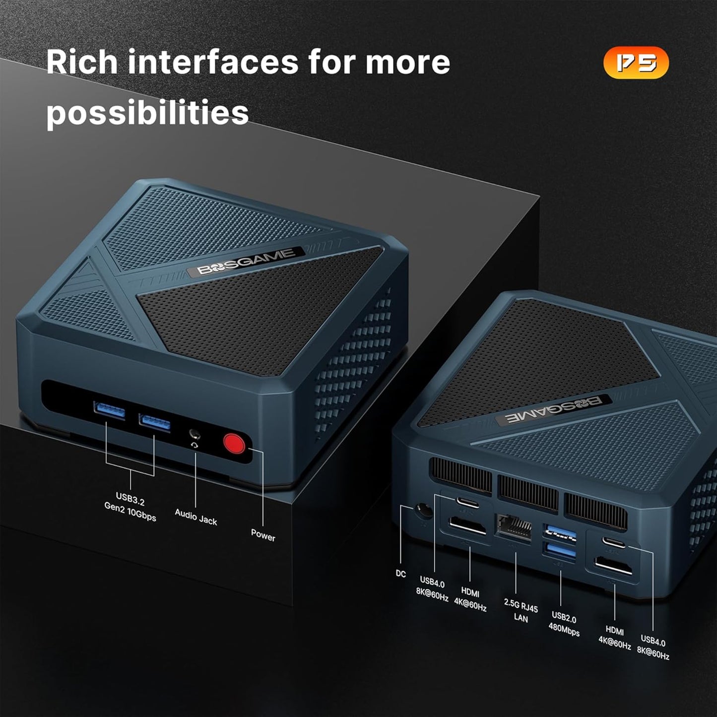 BOSGAME P4 Gaming Mini PC Ryzen 7 5700U 32GB RAM 1TB NVMe M.2 2280 SSD, 11-Pro OS Mini Computers, Micro PC 4K 60Hz Triple Display, HDMI+DP+Type-C, WiFi 6E, BT5.2, PD3.0, Dual 2.5GbE LAN