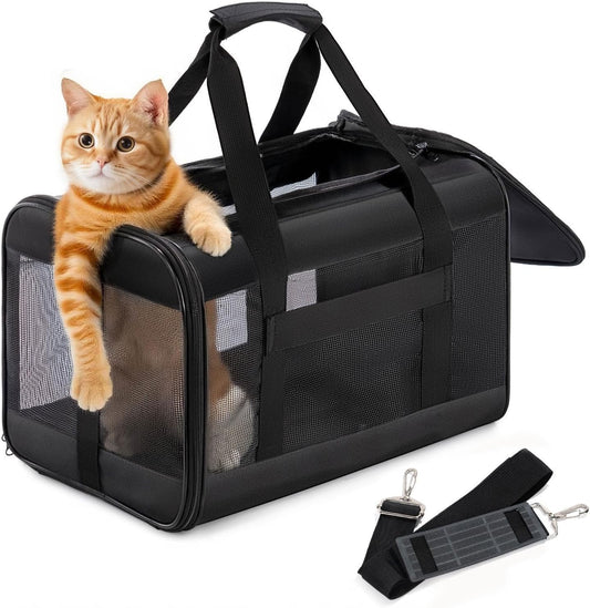 Conlun Cat Carrier Airline Approved, Soft-Sided Dog Carrier with Inner Safety Leash, Pet Transport Carrier for Small-Medium Cats Puppies up to 15 Lbs, Collapsible Travel Kitten Carrier Bag -Black M