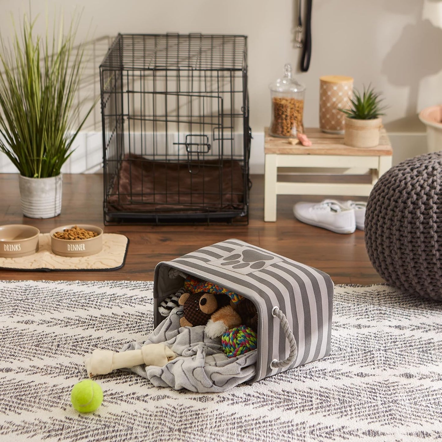 DII Bone Dry RoundSmall Pet Toy and Accessory Storage Bin, 12"(Dia) x9(H), Collapsible Organizer Storage Basket for Home Decor, Pet Toy, Blankets, Leashes and Food-Gray Stripes