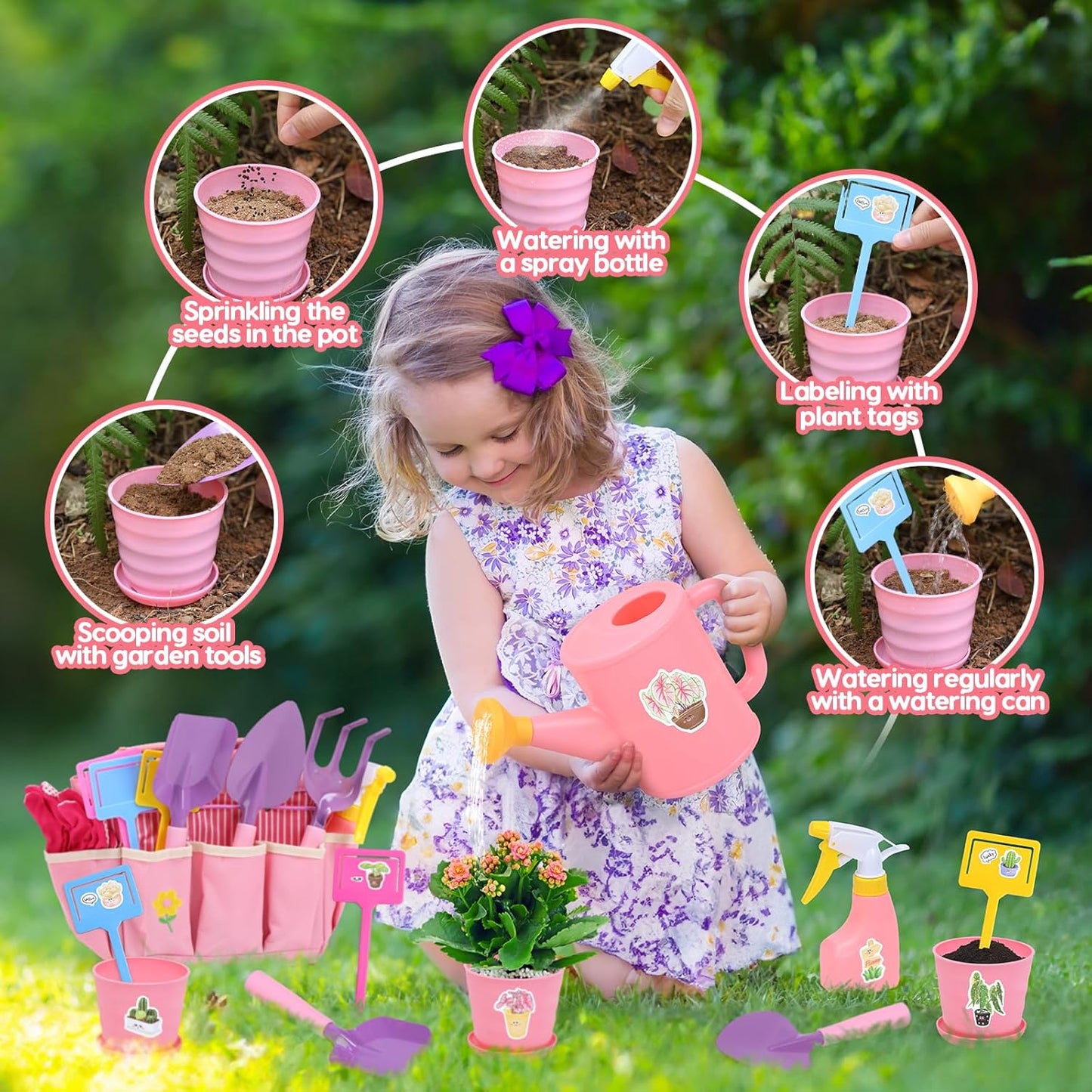 CUTE STONE Pink Kids Gardening Tool Set, Garden Toys W/ Shovel, Rake, Trowel, Apron W/Pockets, Garden Tote Bag, Watering Can, DIY Stickers, Outdoor Backyard Digging Gift Toys for Boys Girls