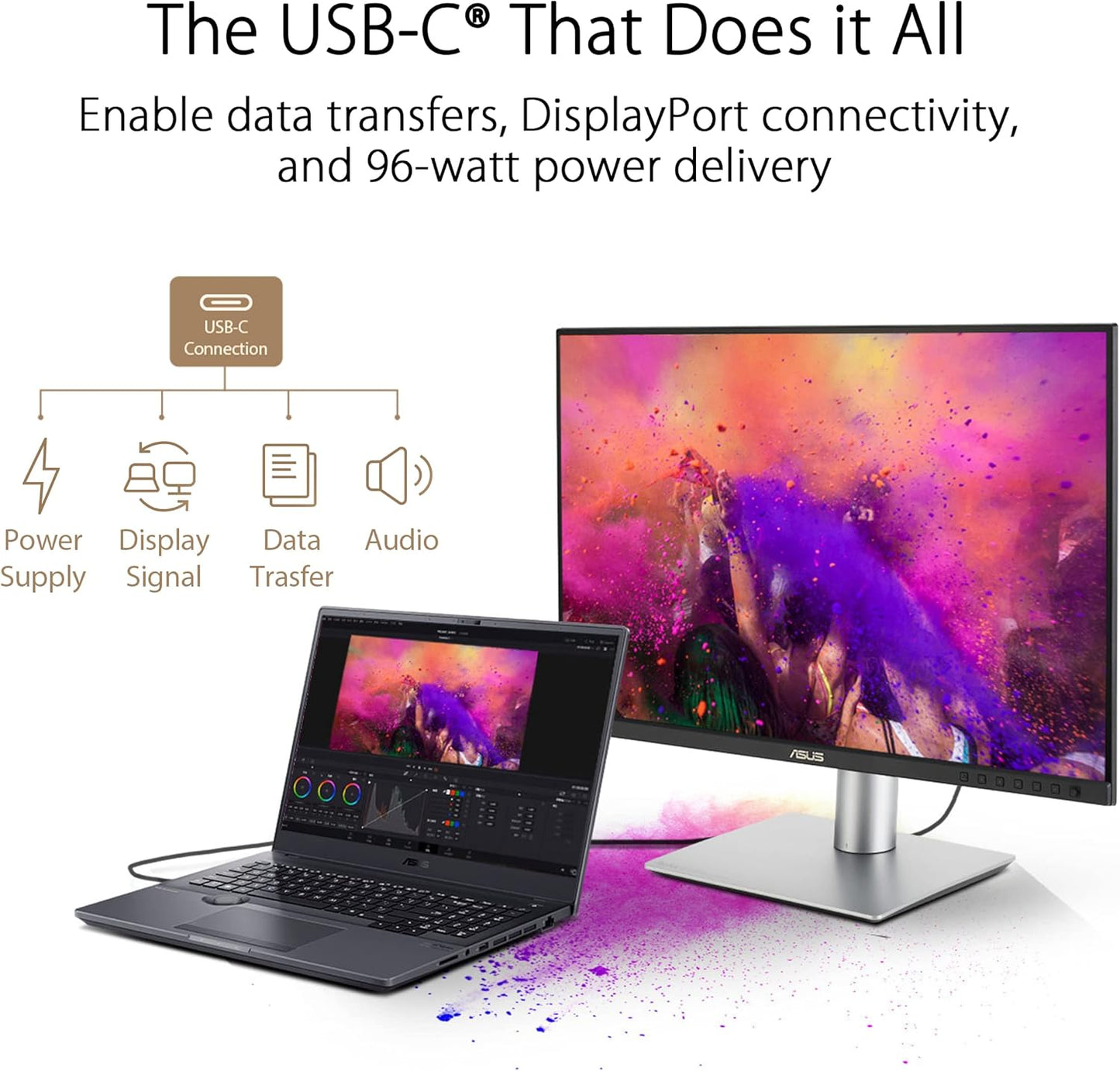 ASUS ProArt Display 27" Monitor PA278CV - WQHD (2560 x 1440), IPS, 100% sRGB, 100% Rec. 709, ΔE < 2, Calman Verified, USB Hub, USB-C, DisplayPort Daisy-Chaining, HDMI, Eye Care, Height Adjustable , BLACK/SLIVER