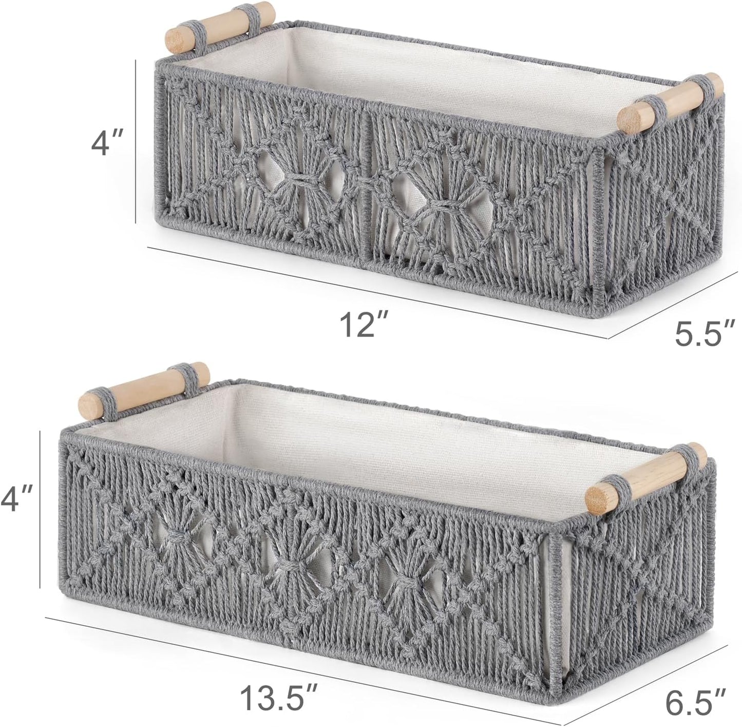 Mkono Macrame Storage Baskets Boho Decor Box Handmade Woven Decorative Countertop Toilet Tank Shelf Cabinet Organizer for Bedroom Livingroom Home, Set of 2, Ivory
