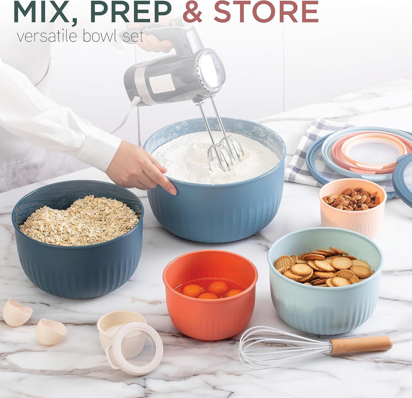 COOK WITH COLOR Prep Bowls with Lids- 8 Piece Nesting Plastic Small Mixing Bowl Set with Lids (Teal Ombre)