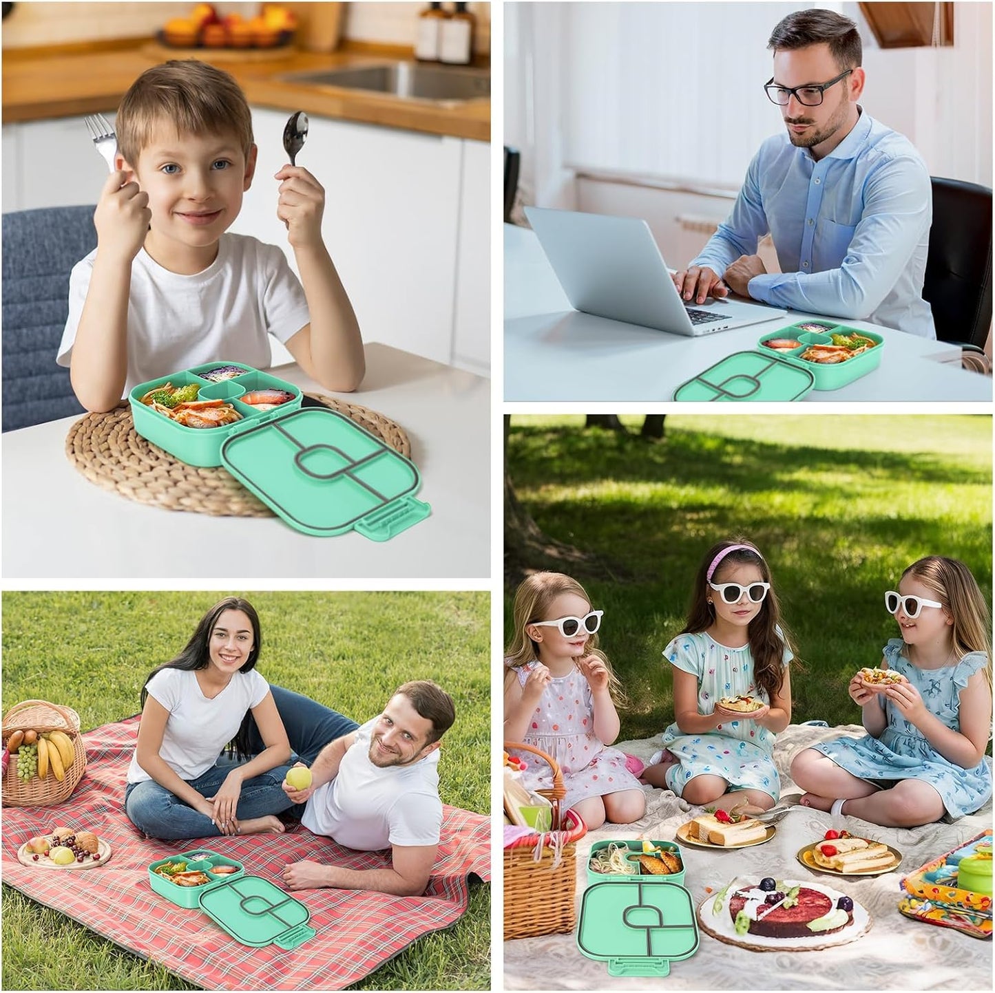 Braoses Bento Box, Lunch Box with 4 Compartments, 800ml Frosted and Leak-Proof Lunch Snack Box for Children Kindergarten (Green)