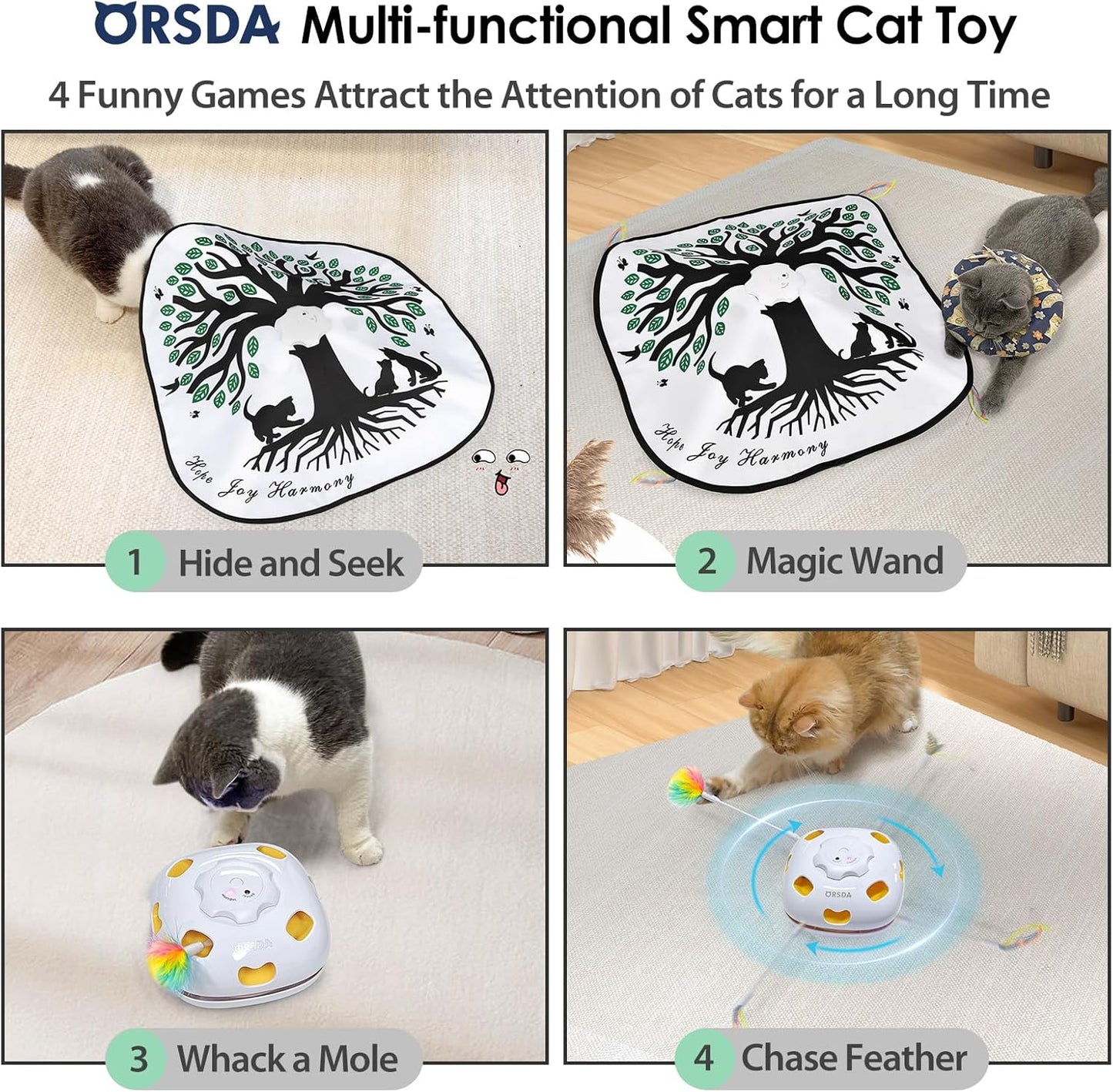 ORSDA Cat Toys Interactive, 4 in 1 Automatic Cat Toy, Hide and Seek, Whack a Mole, Magic Wand, Chasing Feather, with 4 Replacements, USB Rechargeable, for All Breed Sizes