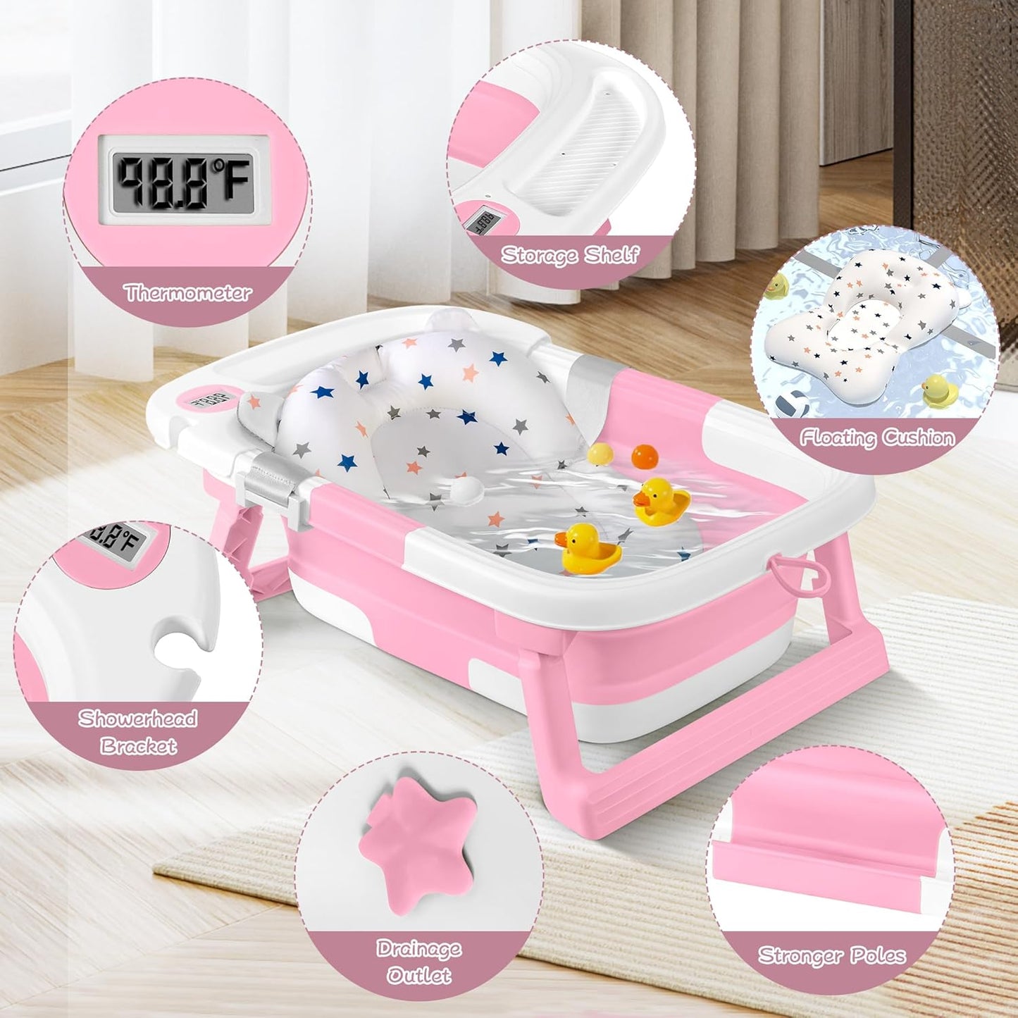 Collapsible Baby Bathtub,Baby Bath Tub with Thermometer & Soft Cushion,Baby Bathtub for Newborn to Toddler 0-36 Months,Portable Travel Baby Tub with No-Slip Feet,Baby Shower Gifts,Lavender