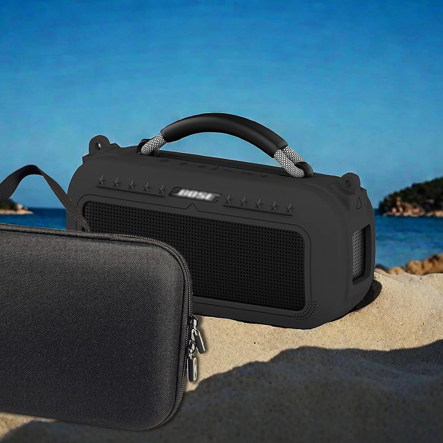 JCHPINE Silicone Cover and Hard Carrying Case for Bose SoundLink Max Portable Speaker, Protective Travel Case for Bose SoundLink Max Speaker Accessories with Shoulder Strap (Black)