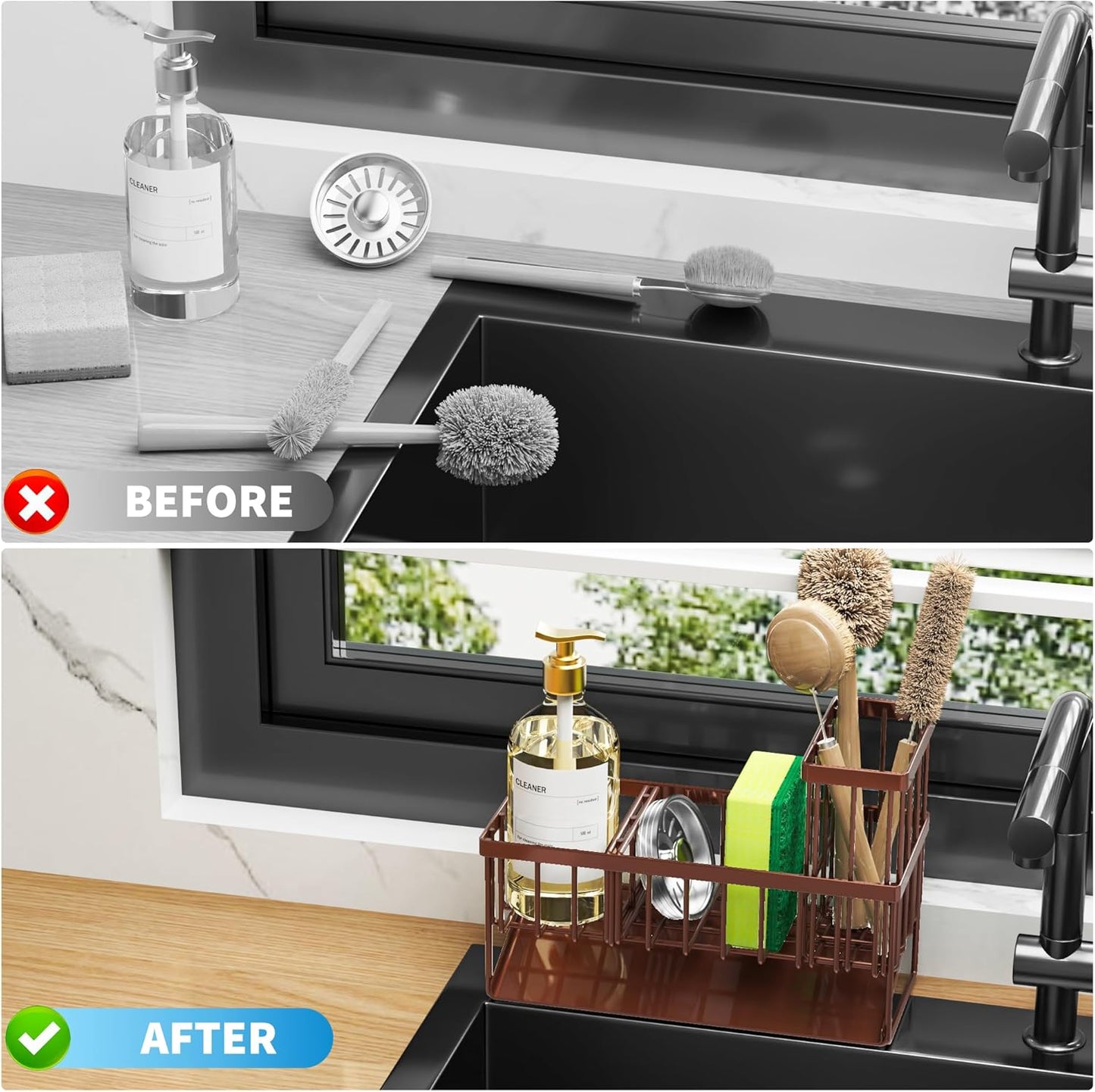 Cisily Kitchen Sink Caddy Organzier with High Brush Holder, Sponge Holder for Sink, 304 Rustproof Stainless, Kitchen Countertop Soap Dispenser Organizer, Kitchen Decor and Accessories (Black)