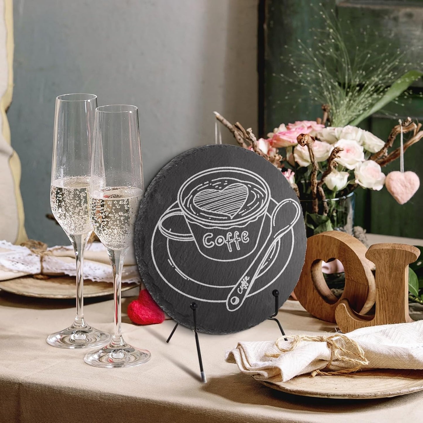 4 Pcs 11 x 11 Inch Round Slate Cheese Boards Black Stone Plates Charcuterie Boards Serving Tray Display Chalkboard with Soapstone Chalk Platter Display Chalkboard for Meats Appetizers Dried Fruits