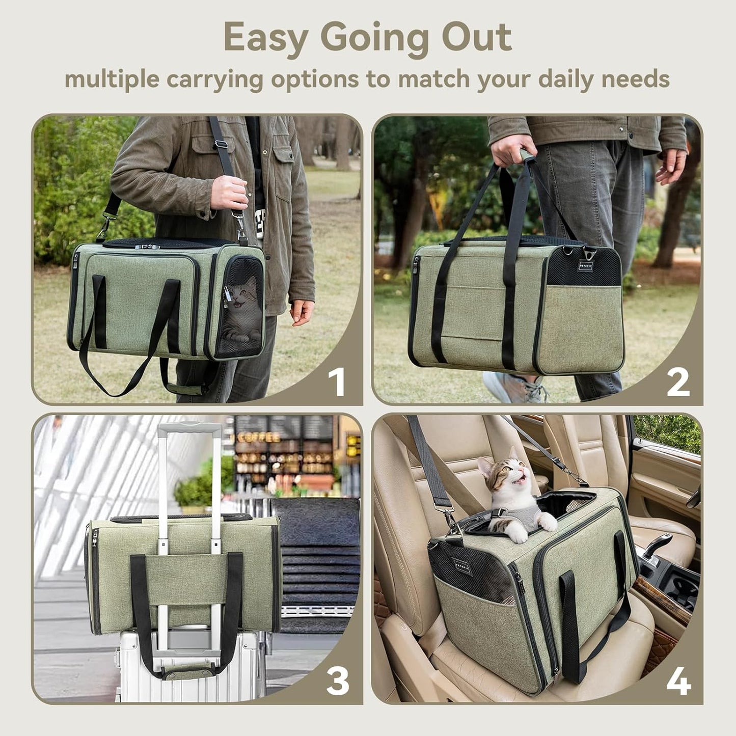 Petsfit Expandable Cat Dog Carrier Airline Approved, 17" L x 11" W x 11" H Soft-Sided Portable Pet Travel Carrier for Kitten, Puppy, Removable Soft Plush Mat and Pockets, Auto-Locking Zippers