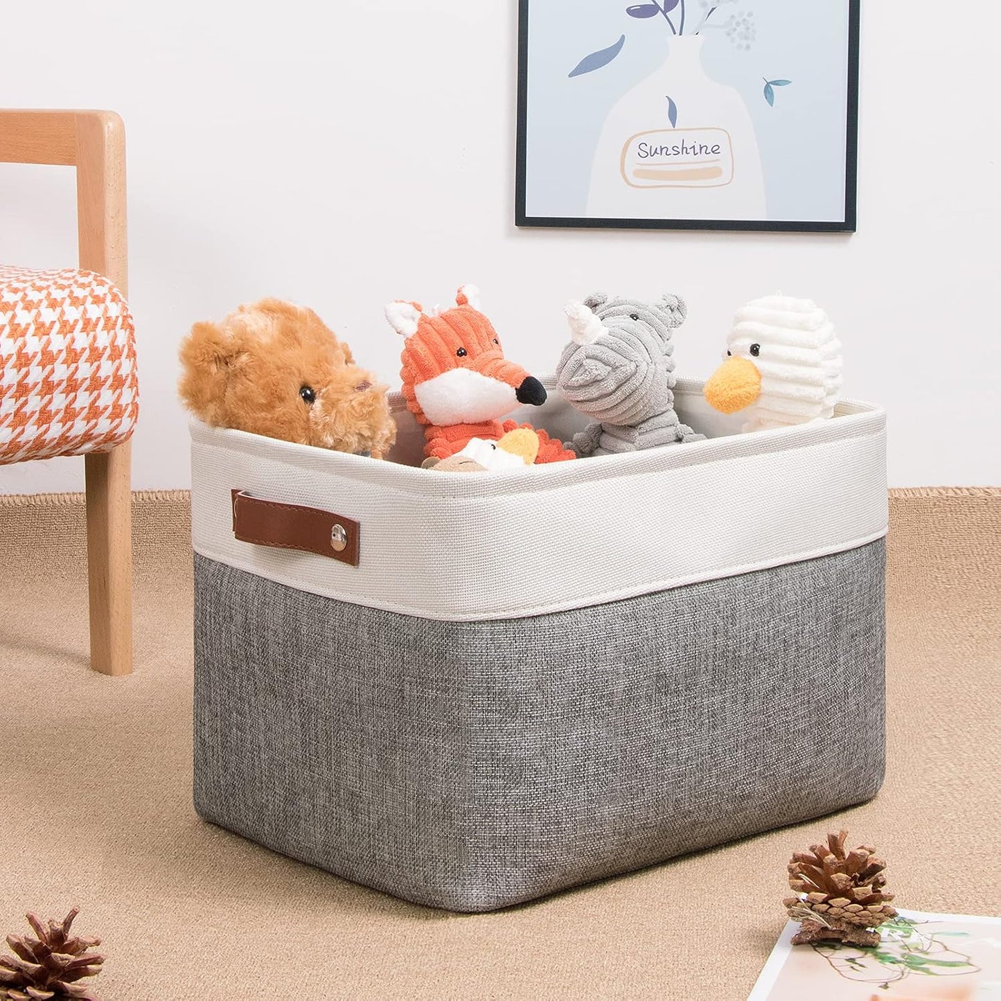 DULLEMELO Storage Baskets for Shelves, Fabric Collapsible Rectangular Storage Bins for Shelves, Closets, Nursery, Home, Office, Empty Gift Baskets (White&Teal)