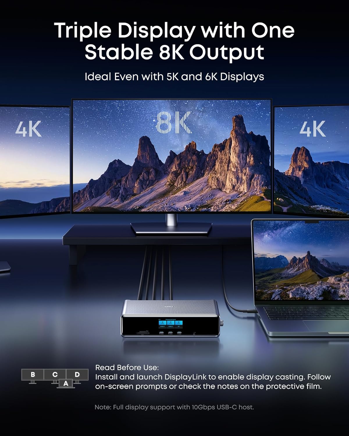 Anker Prime Docking Station (DL7400), 14-Port Triple Display with DisplayLink, 140W Max USB-C Port, Smart Display and Built-In Cooling Fan, Up to 8K, For macOS and Windows, DisplayLink Driver Required - PuriLite