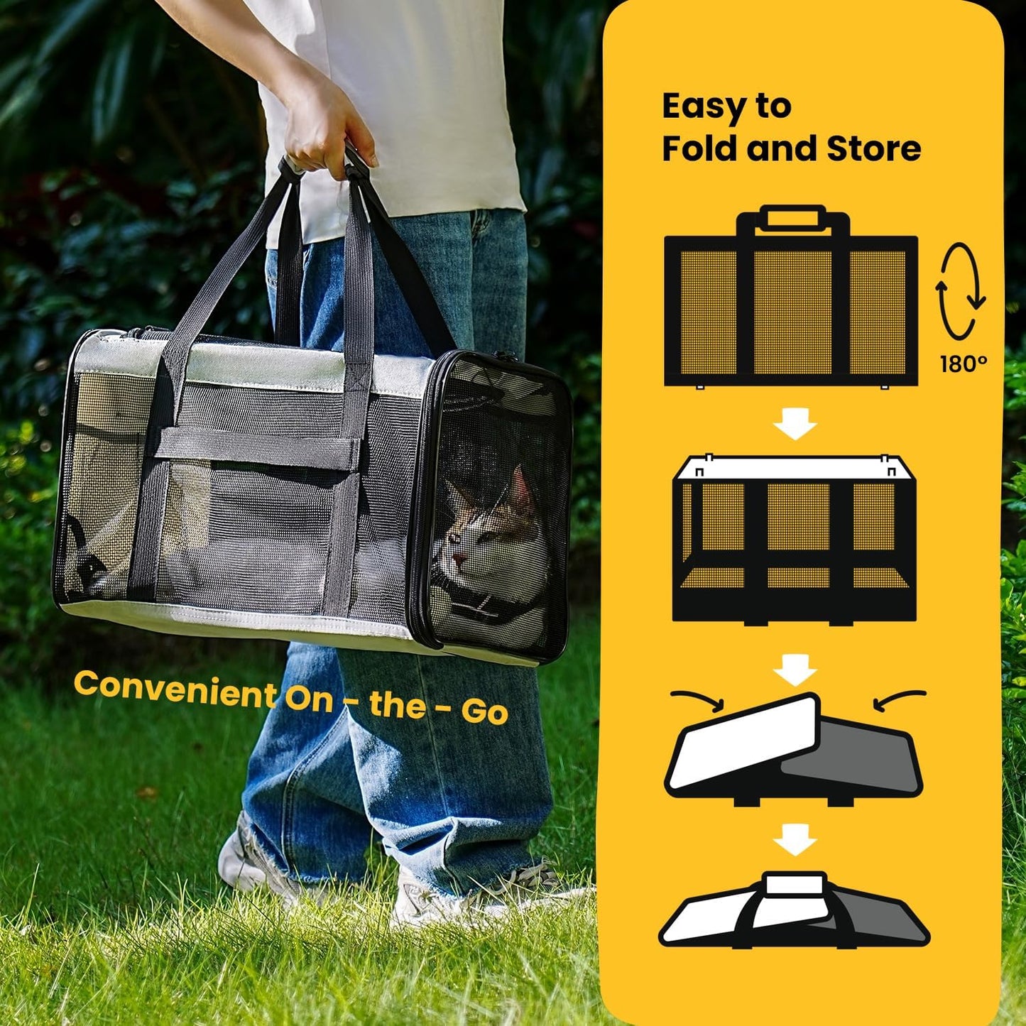 Conlun Cat Carrier Bag,Soft-Sided Pet Carriers for Dogs with 4-Sided Mesh,Airline Approved Cat Transport Carrier for Small&Medium Cats Kitten Puppy Up to 6Kg,Collapsible Cat Travel Carrier-M,Black