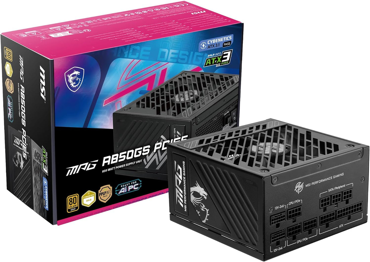MSI MPG A1250GS PCIE5, 80 Plus Gold Full Modular 1250W Power Supply, 12V-2x6 Cable, ATX 3.1 & PCIE 5.1 Ready
