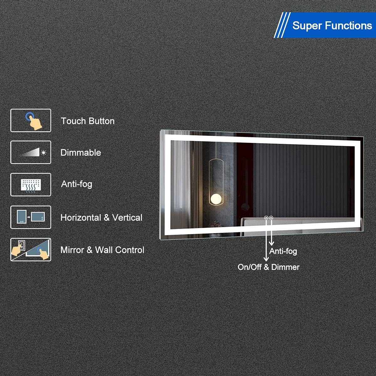 DP Home LED Lighted Bathroom Vanity Wall Mirror with Touch Button, Dimmable, Vertical & Horizontal Mount Mirrors 70 x 32 in E-N031-7032-TS Wall Mounted Makeup LED Vanity Mirror