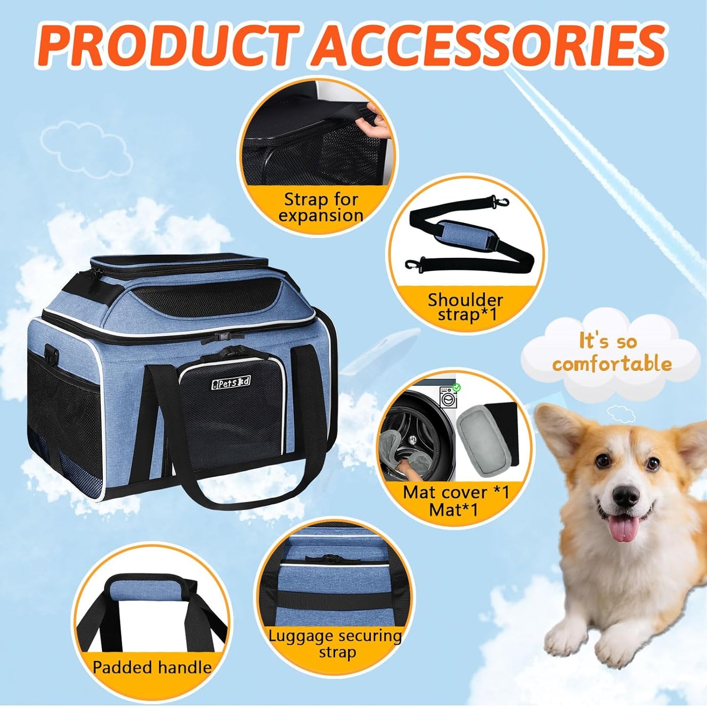 Petskd Top and Side Expandable Pet Carrier 17x12x8.5 Inches JetBlue Frontier Spirit Airline Approved, Soft-Sided Carrier for Small Cats and Dogs with Locking Safety Zipper and Anti-Scratch Mesh(Black)