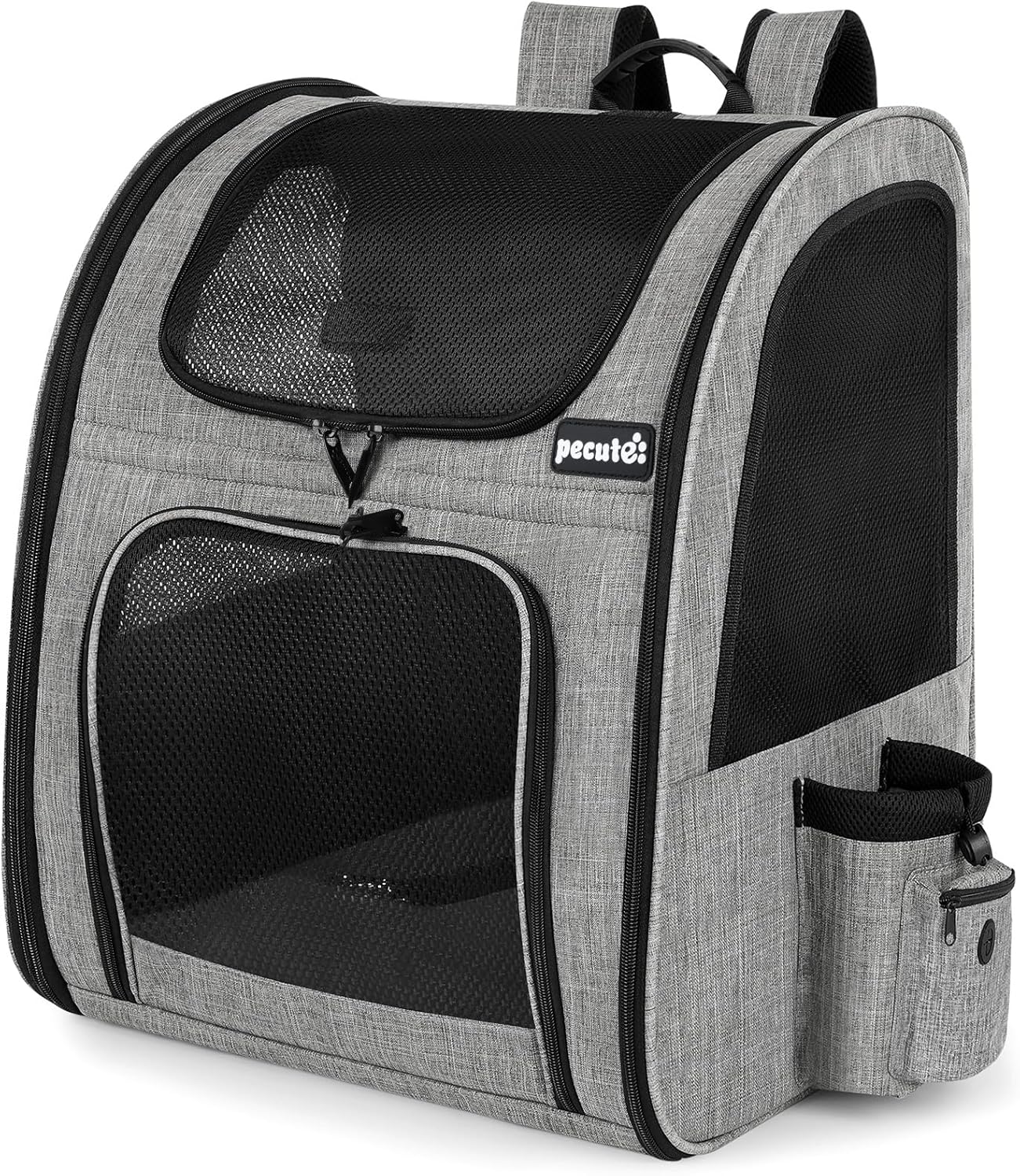 Pecute Cat Backpack with Breathable Mesh, Dog Backpack Carrier with Multi-Pockets for Cats Puppies, Pet Backpack Carrier for Travel Hiking Camping Outdoor (Gray)