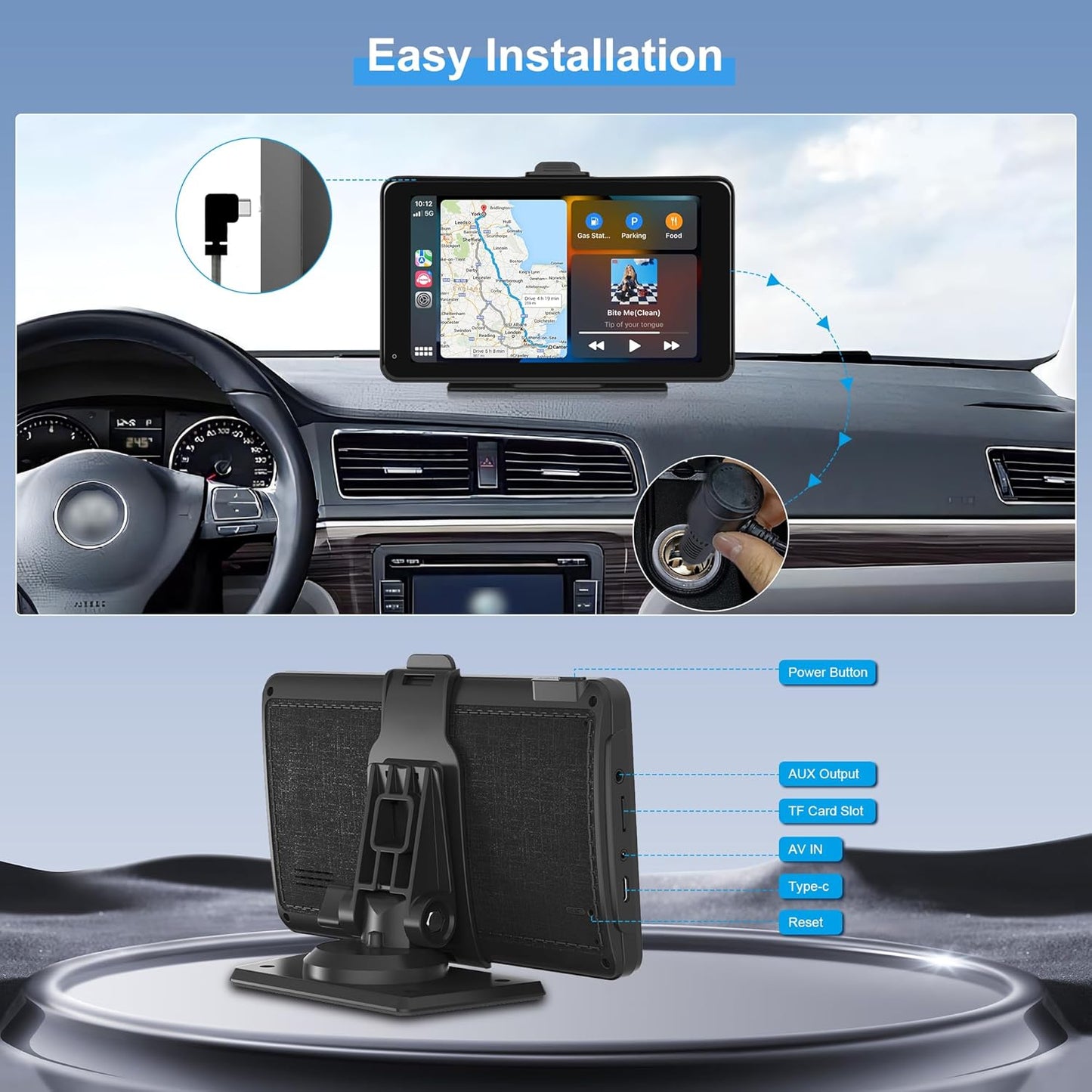 Portable Carplay Screen for Car with Wireless Carplay Android Auto Car Radio, Rimoody 7'' HD Touch Screen Head Unit with Mirror Link, GPS Navigation, Dual Bluetooth, AUX/FM Transmitter, Voice Control