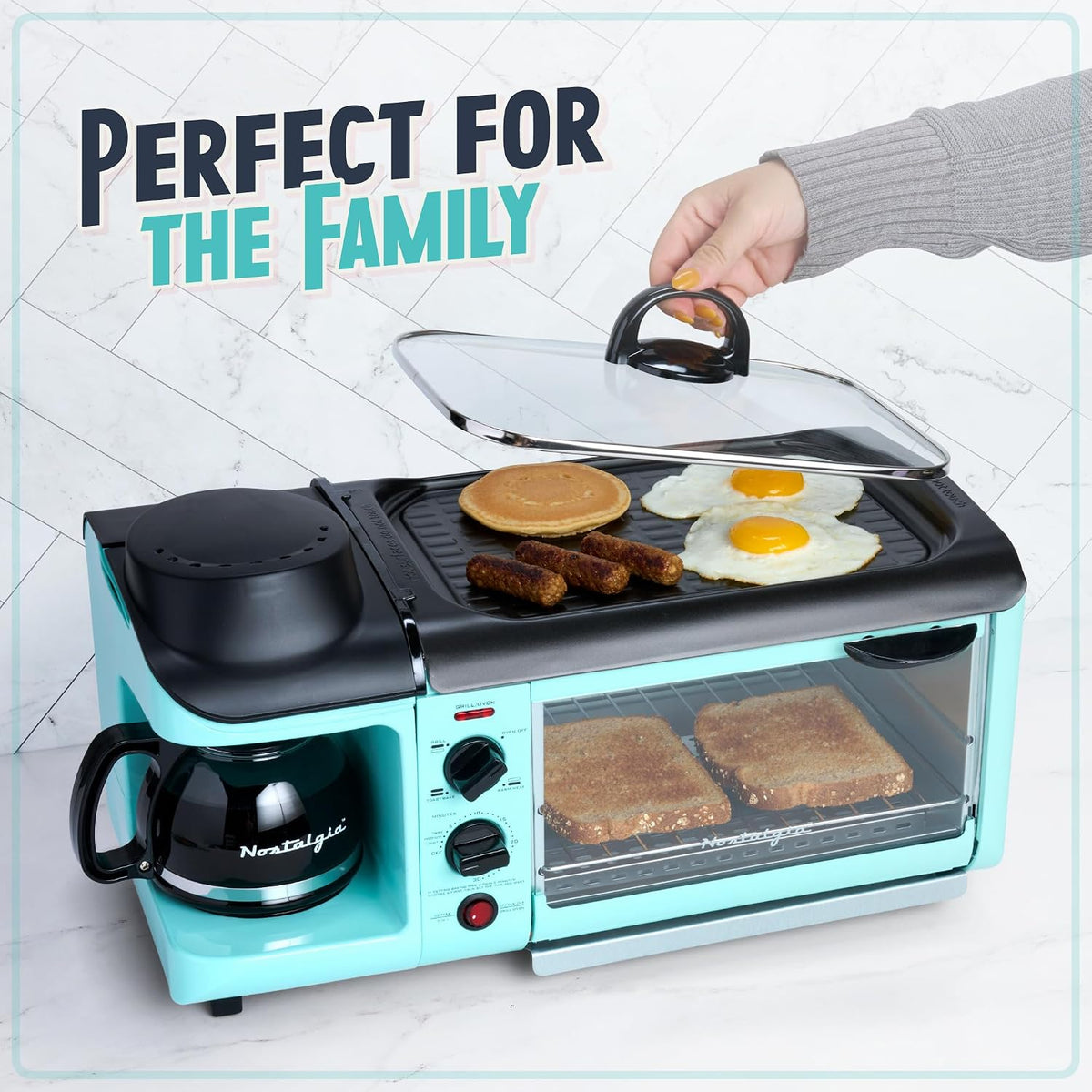 Nostalgia Retro 3-in-1 Family Size Electric Breakfast Station, Non Stick Die Cast Grill/Griddle, 4 Slice Toaster Oven, Coffee Maker, Aqua