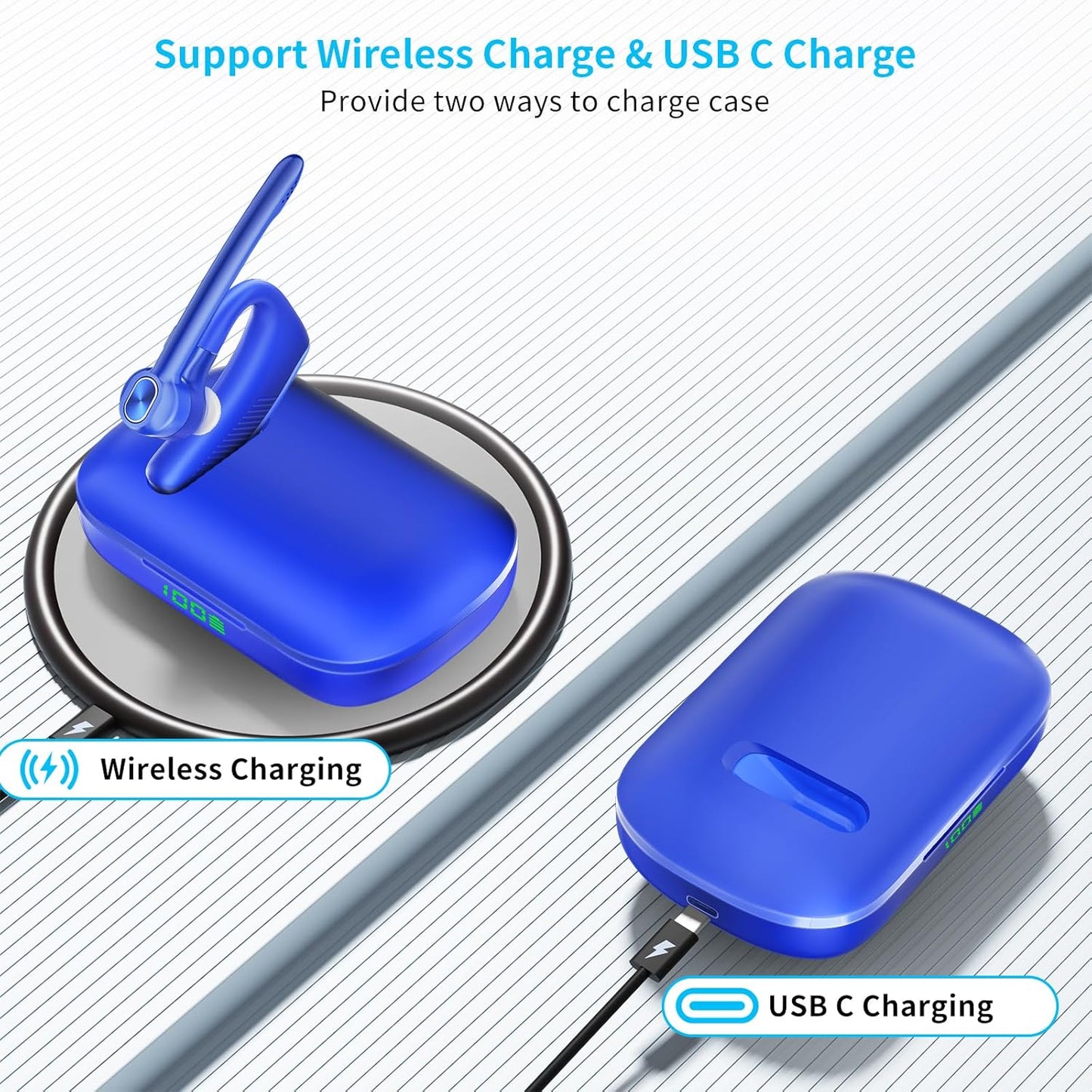 Wireless Headset Bluetooth Earpiece with Dual Noise Canceling Microphone Hands Free Headphones Single Ear Earphone Over Ear Earbud for iPhone Samsung Android Cellphones TV PC Trucker Game Work