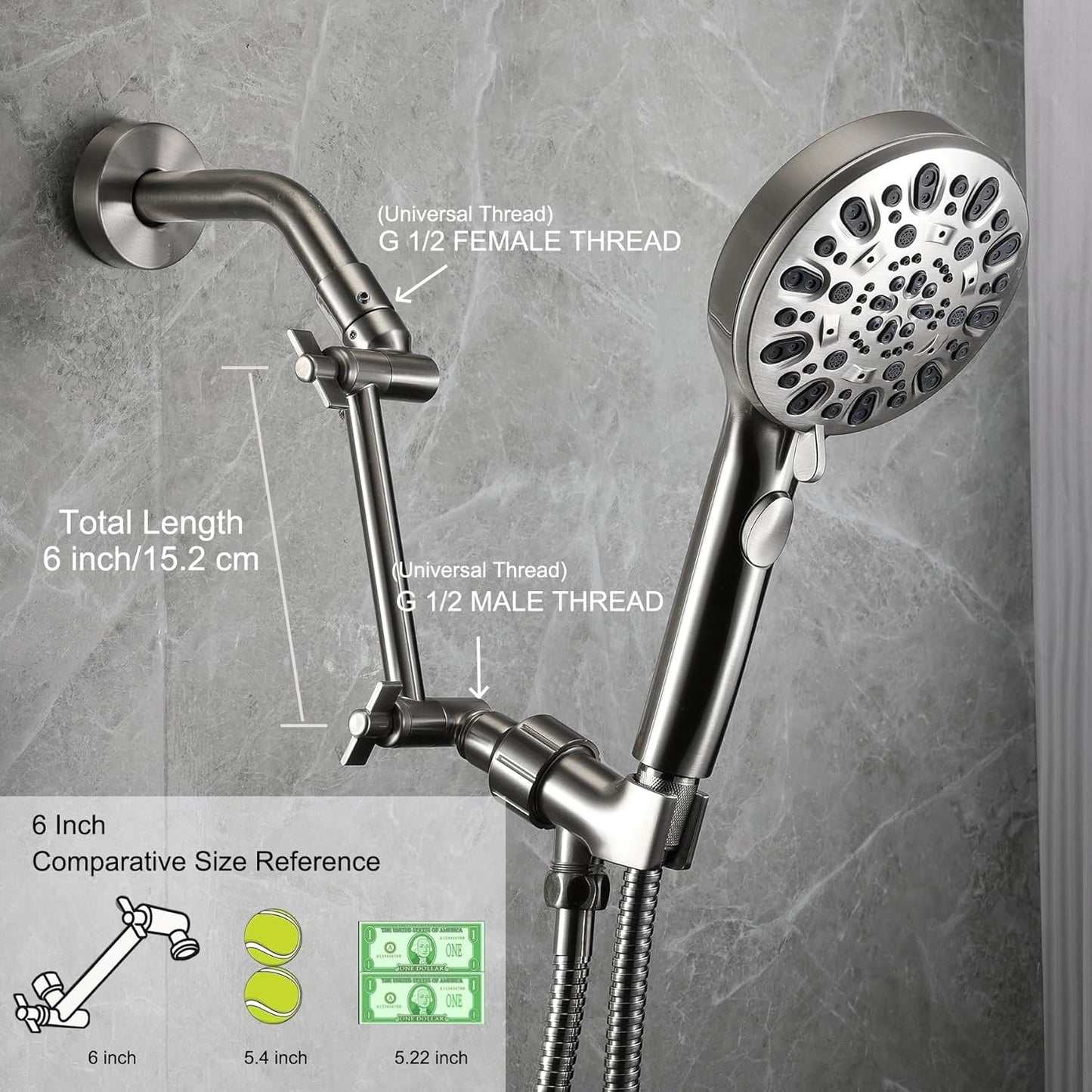 Shower Head Extension Arm, 6 Inch Adjustable Shower Arm Extender for Handheld/Fixed/Rain Shower Head, All Metal Showerhead Arm with G1/2 Universal Connector, Easy Installation, Brushed Nickel