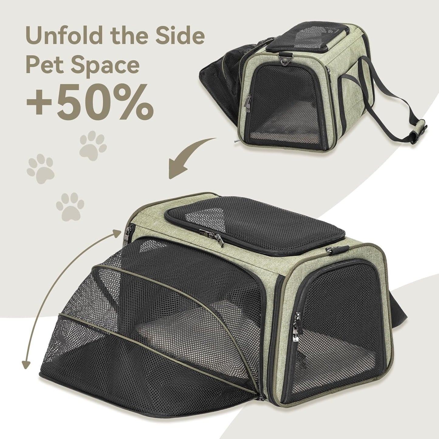 Petsfit Expandable Cat Dog Carrier Airline Approved, 17" L x 11" W x 11" H Soft-Sided Portable Pet Travel Carrier for Kitten, Puppy, Removable Soft Plush Mat and Pockets, Auto-Locking Zippers