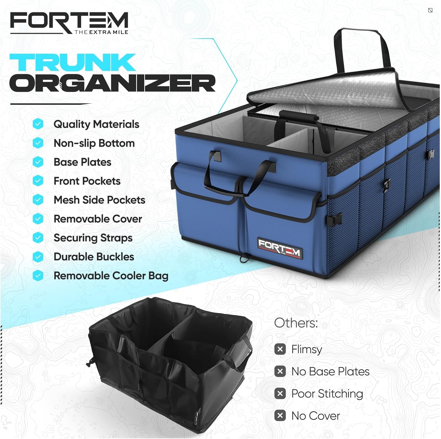 FORTEM Car Trunk Organizer, Collapsible Multi Compartment Car Organizer, Foldable SUV Storage for Car Accessories for Women Men, Non Slip Bottom, Securing Straps, Soft Cover 50L (Black, Standard)
