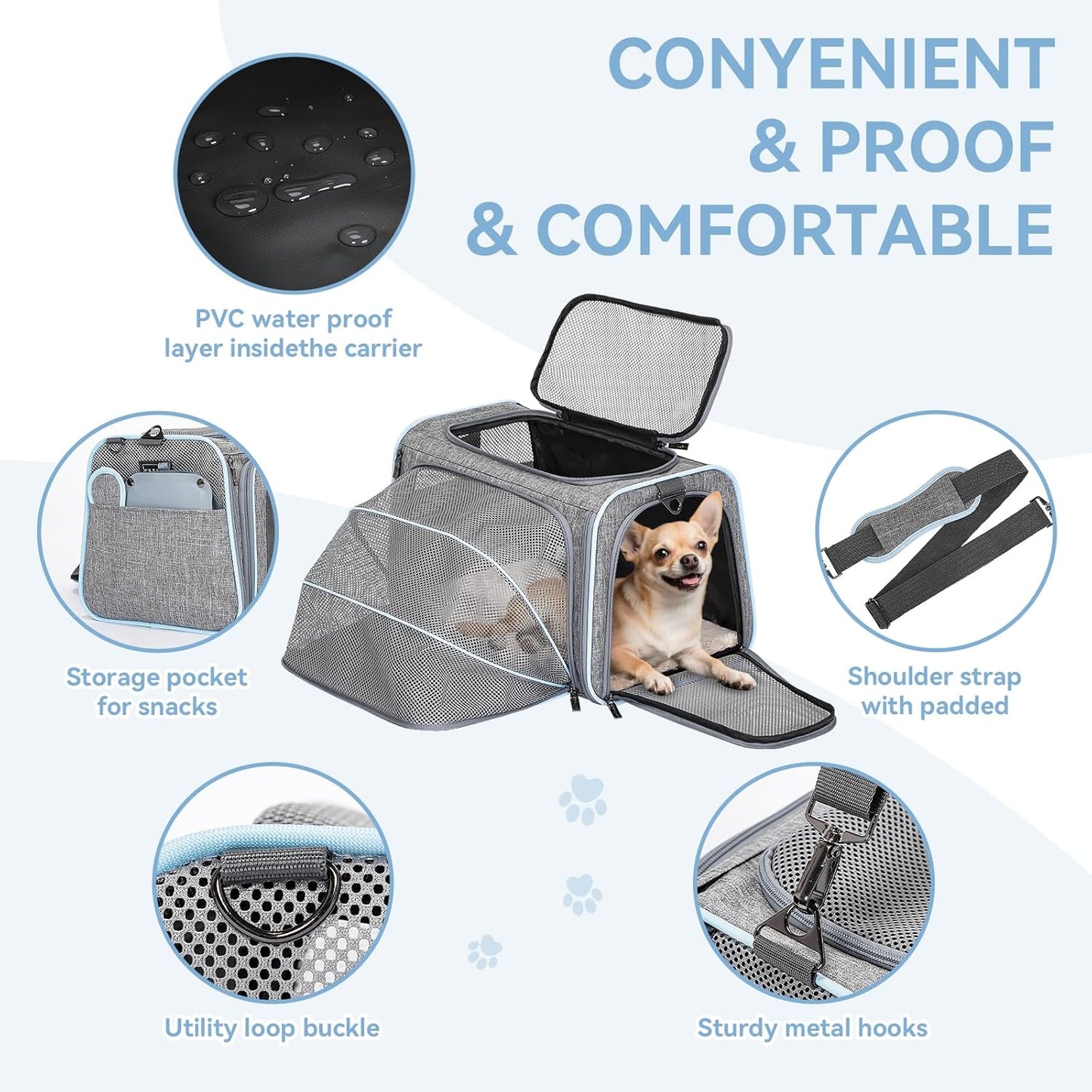 Petsfit Expandable Cat Dog Carrier Airline Approved, 17" L x 11" W x 11" H Soft-Sided Portable Pet Travel Carrier for Kitten, Puppy, Removable Soft Plush Mat and Pockets, Auto-Locking Zippers
