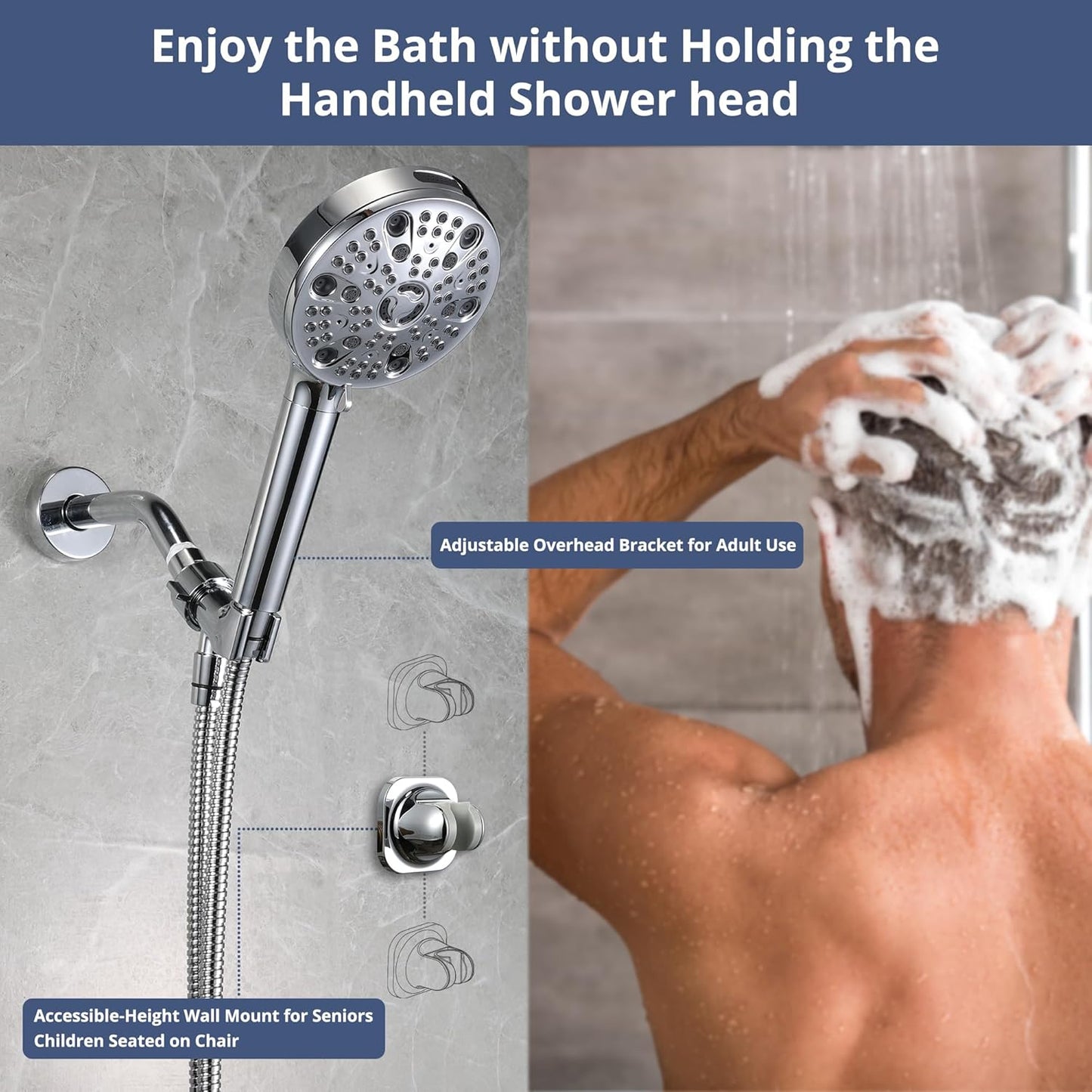 High Pressure Filtered Shower Head with Handheld - 9 Mode Hard Water Filter & Power Wash Spray, 79in Hose for Tub/Pet Cleaning + Adjustable Low Reach Bracket (Elder/Kids Friendly)