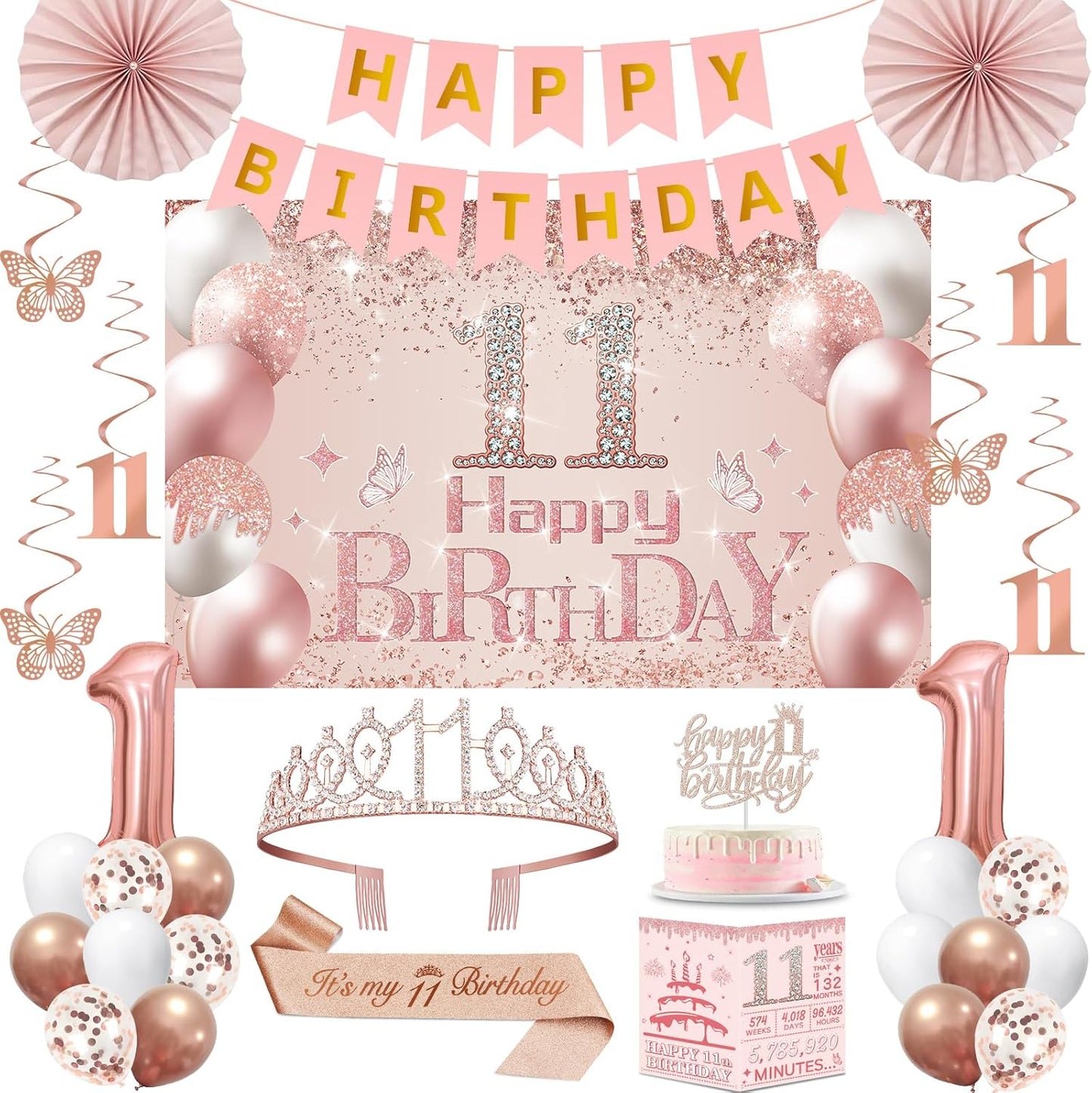40th Birthday Decorations for Women,32pcs 40th Birthday Party Decorations,Including Backdrop, Crown,Sash,banner, Hanging Swirl,Cake Topper,balloons,Paper Fans,Anniversary Card and paper fans
