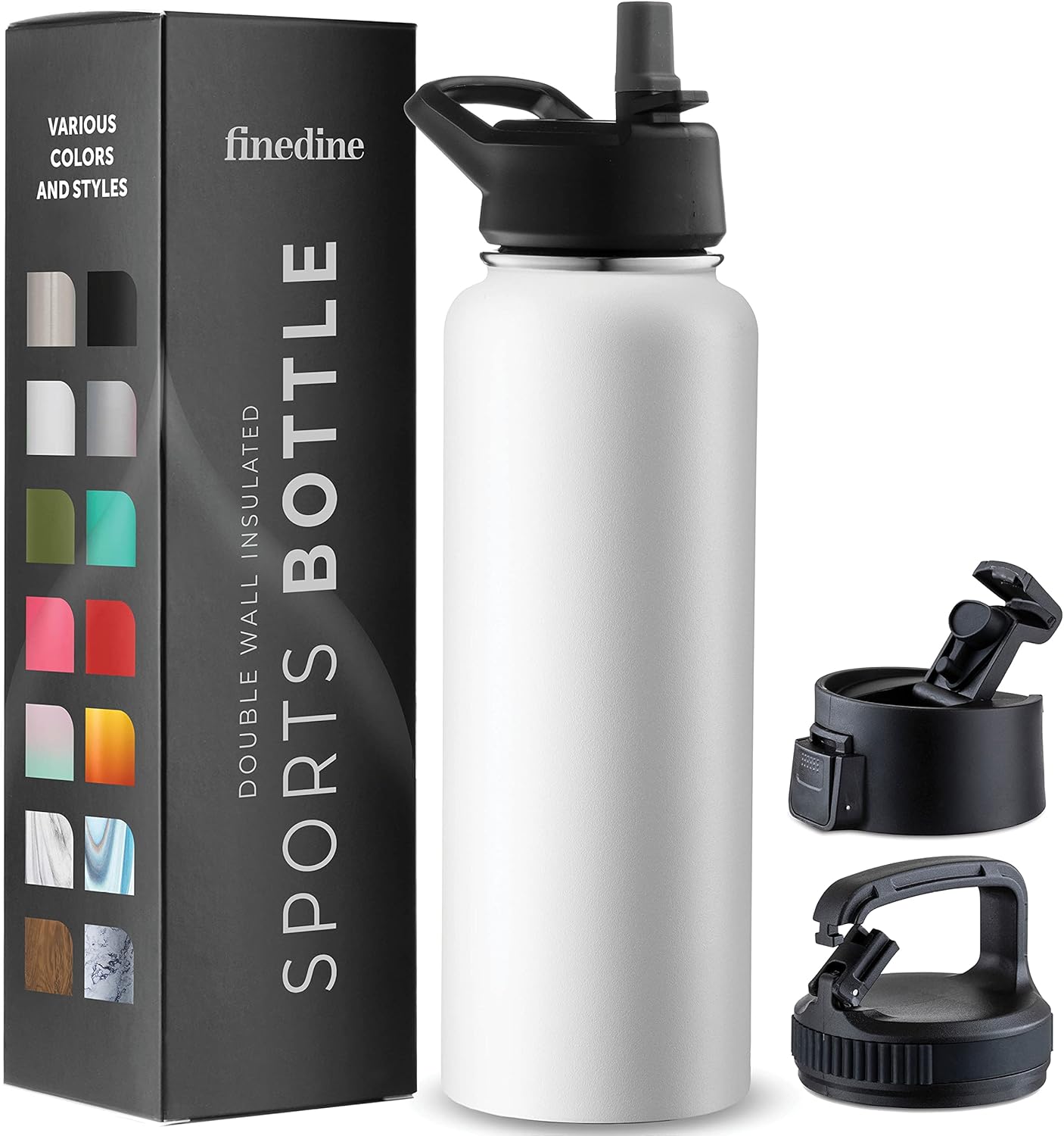 FineDine Water Bottle - Stainless Steel Insulated Water Bottle with Straw Lid, Flip Lid & Wide-Mouth Cap - Keeps Hot and Cold - 25 Oz / 739ml - Pure Pearly White