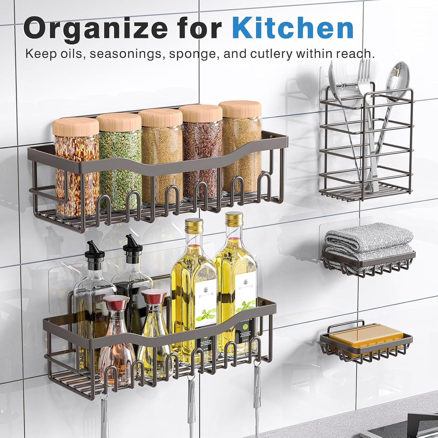EUDELE 5-Pack Rustproof Stainless Steel Shower Caddy – No Drill Adhesive Bathroom Organizer with Large Capacity, Spacious Shower Shelves for Inside Shower, Kitchen & Home Decor Storage - PuriLite