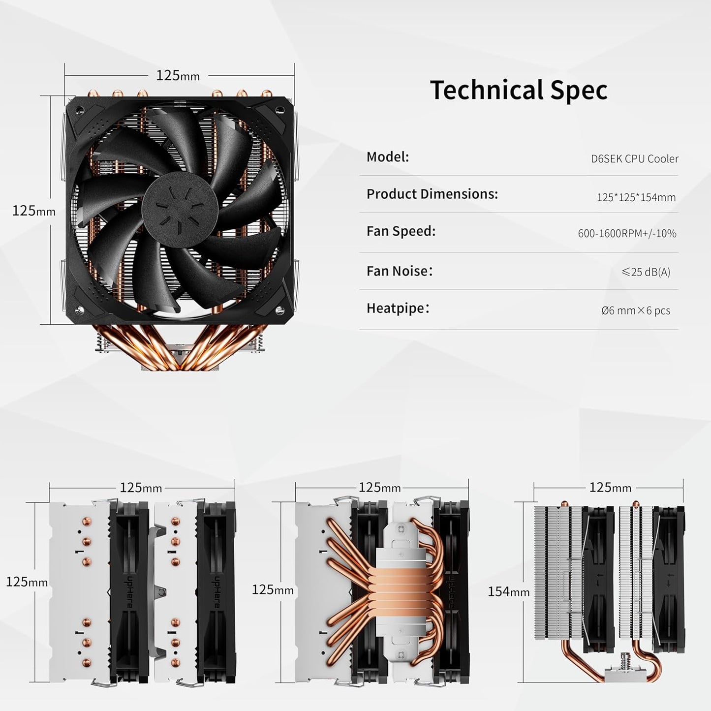upHere D6SEC CPU Cooler, Intel LGA2011,LGA2066, LGA1700,AMD AM5/AM4/Ryzen 120mm,Dual Towers,5V ARGB