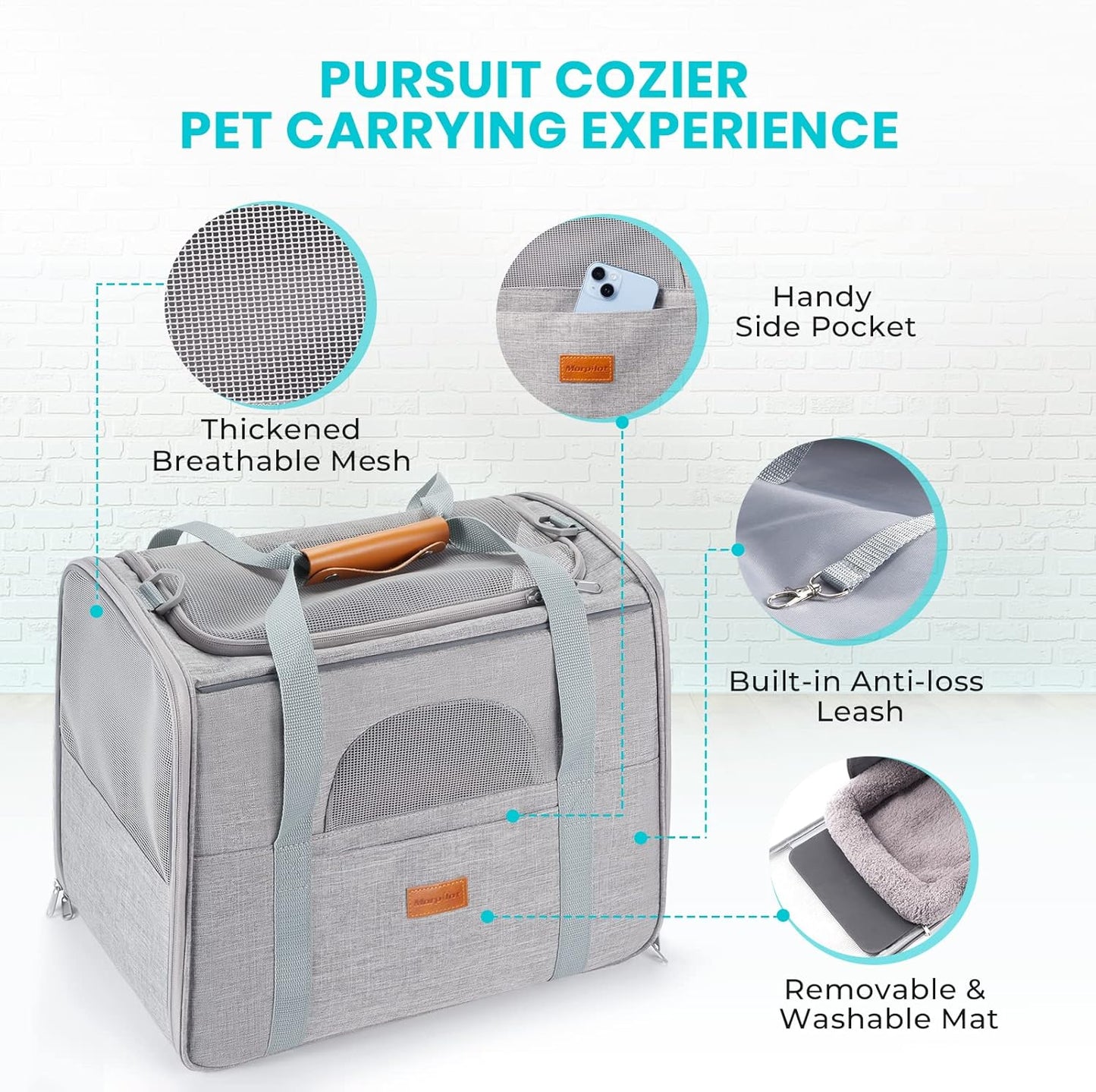 Morpilot Cat Carrier Soft - Portable Pet Carrier for Small or Medium Cats, Dogs and Puppy up to 14lbs, Airline Approved Dog Carrier with Safety Buckle - (Dark Gray)