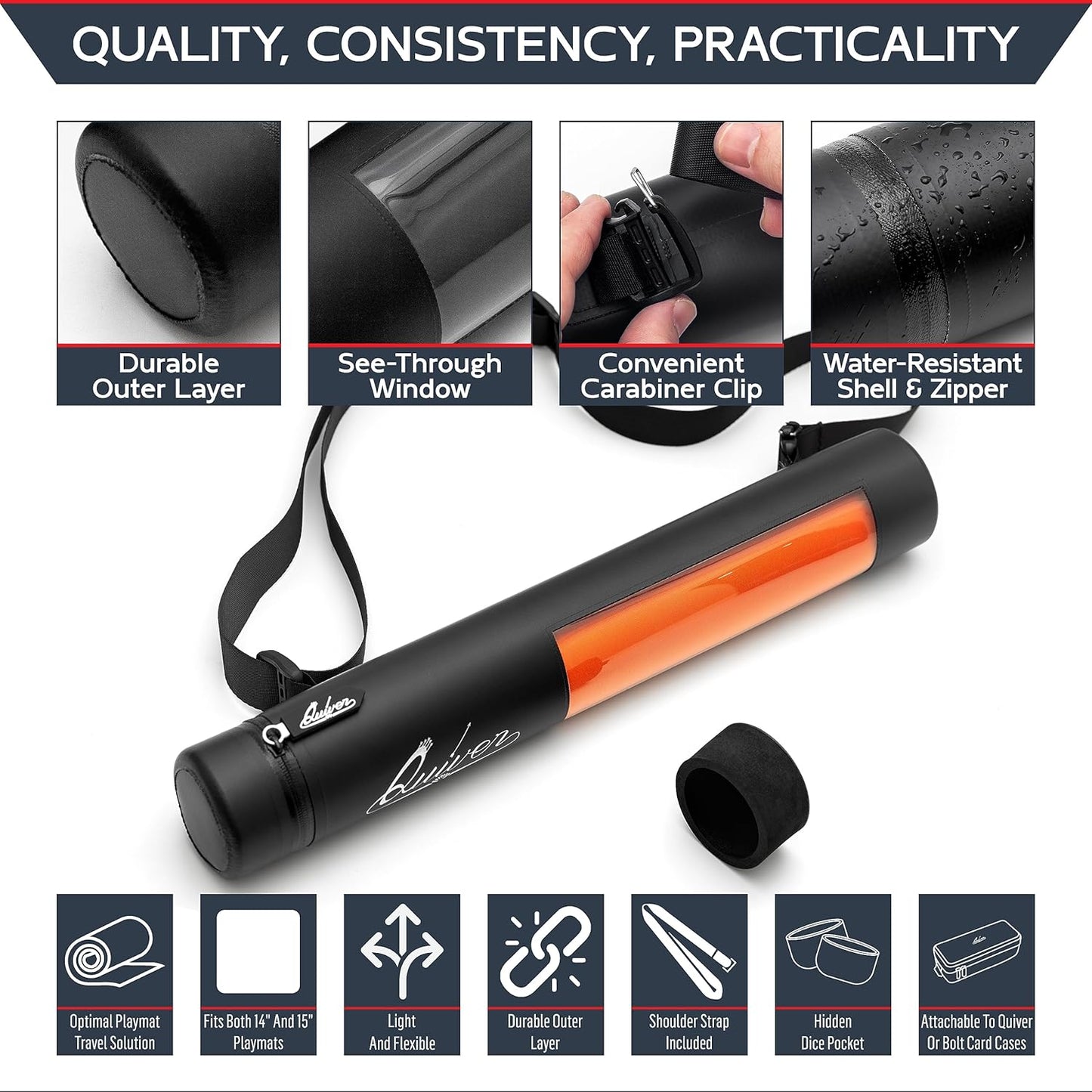 Black Orion Playmat Tube - TCG MTG Playmat Tube Case Bag with Waterproof Zipper, Hidden Dice Pocket, Adjustable and Removable Shoulder Strap, See-Through Window, Perfect for Both 14" and 15" playmats
