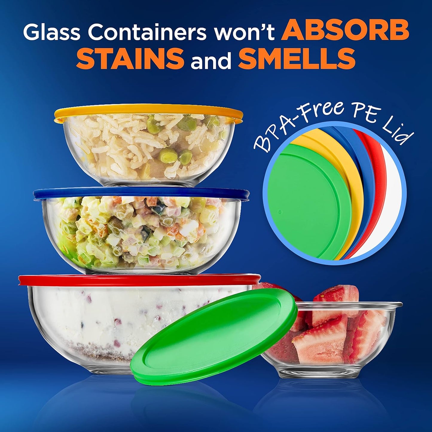 NutriChef 4-Piece Glass Mixing Bowl Set with Airtight Lids - Meal Prep Containers, Salad Bowls - Stackable, Leakproof, Freezer-to-Oven Safe, Dishwasher Safe