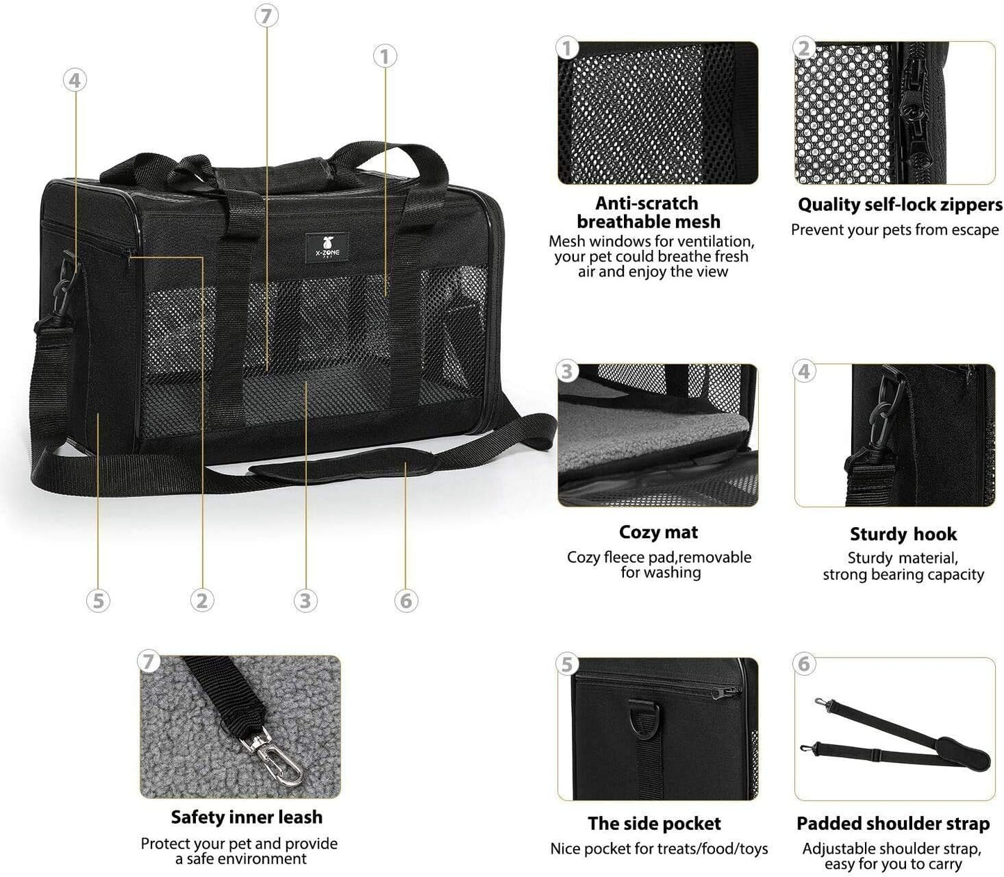 X-ZONE PET Cat Carrier Dog Carrier Pet Carrier for Small Medium Cats Dogs Puppies of 15 Lbs,Airline Approved Soft Sided Pet Travel Carrier,Dog Carriers for Small Dogs - Black Grey Purple Blue Brown