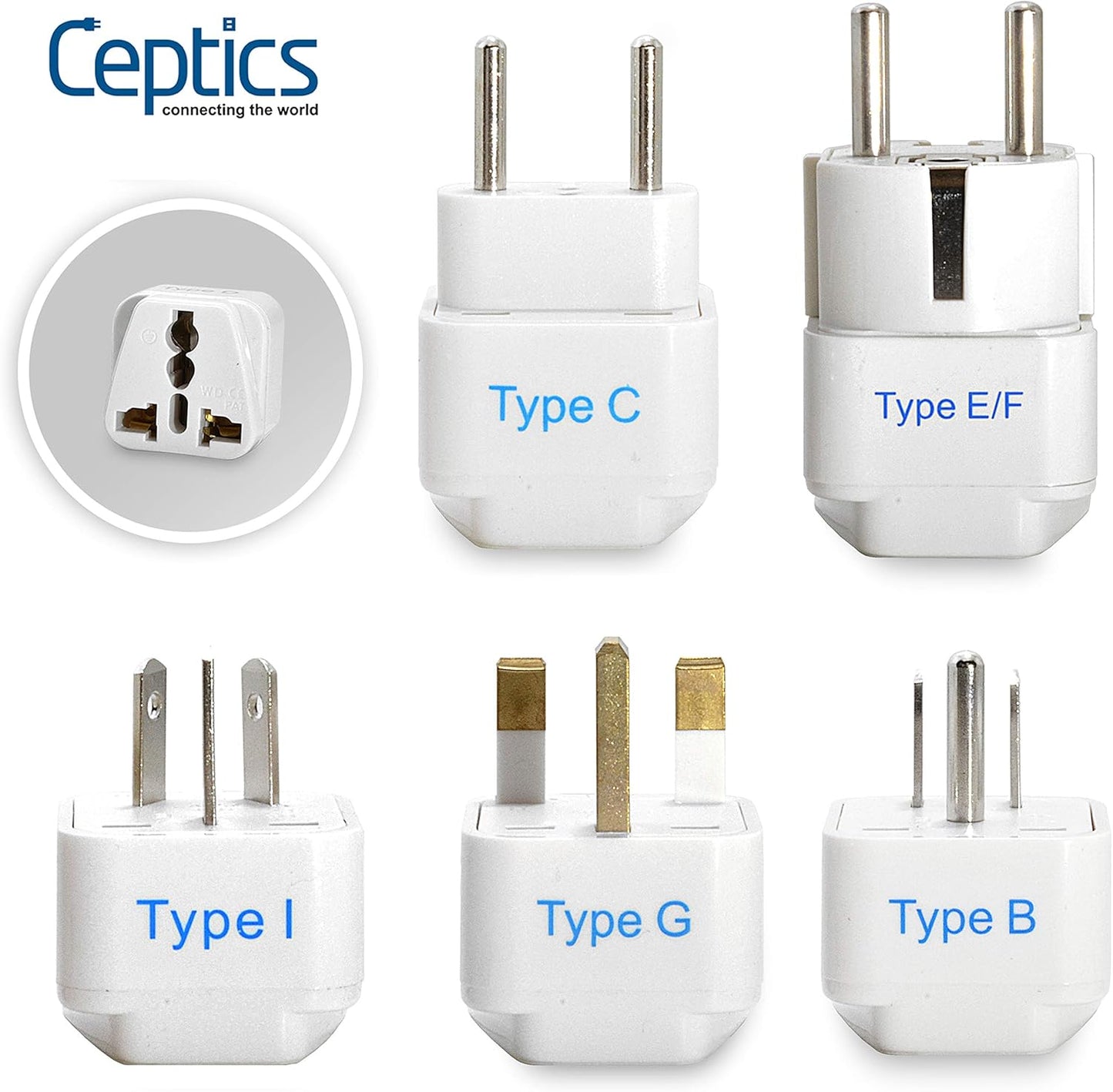 Ceptics Universal Travel Adapter kit, Dual USB (QC 3.0) + 2 US outlets + USB-C Cable, Use with Chargers, Cell Phones, Laptops, 6 Plug attachments for Worldwide use (Does Not Convert Voltage) (WPS-2B)