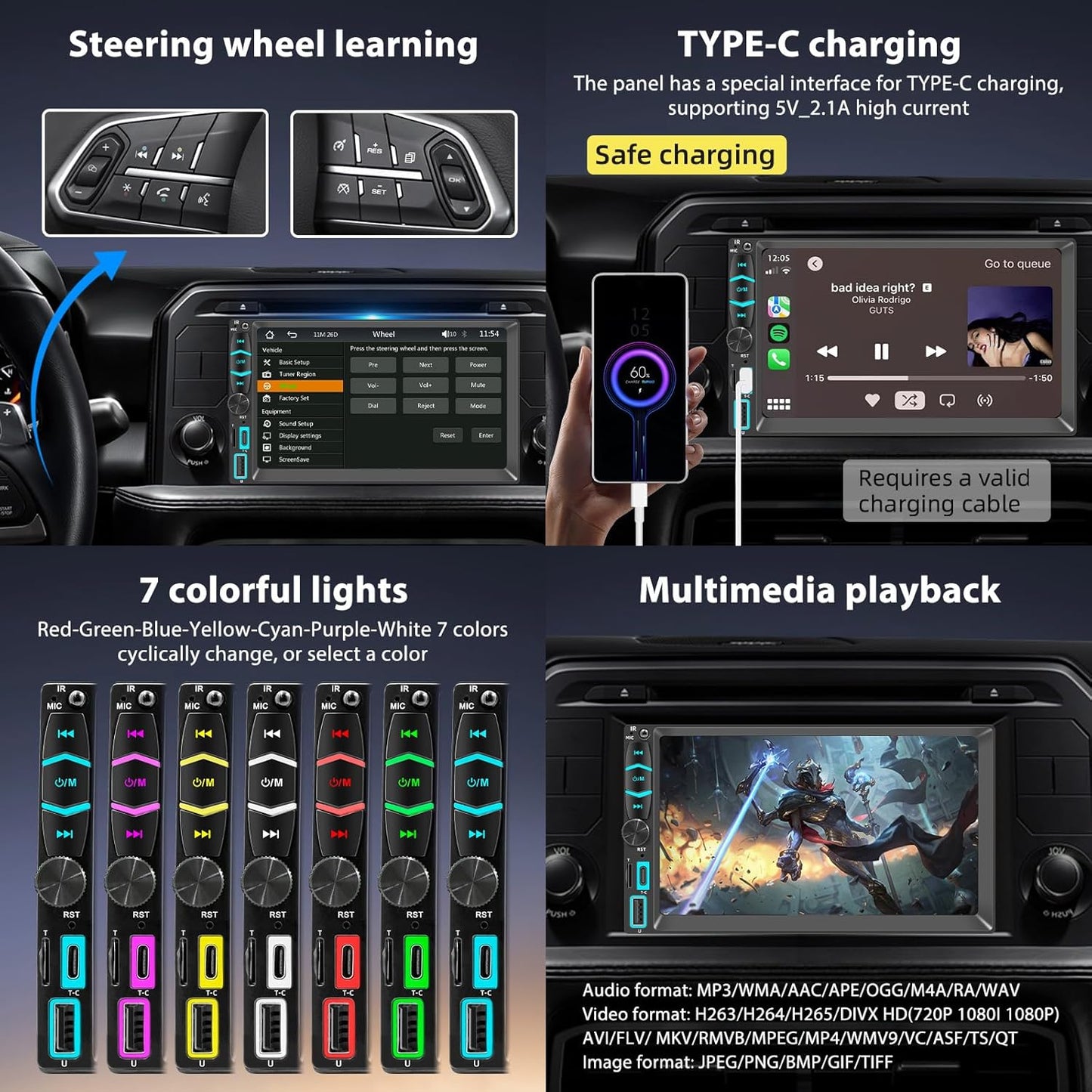 KMUTZY 7" Wireless Double Din Car Stereo,Apple Carplay Radio Screen for Car Audio Receivers, Bluetooth Car Play Android Auto Touchscreen, Mirror Link, Backup Camera, SWC, AM/FM, AirPlay, Type-C