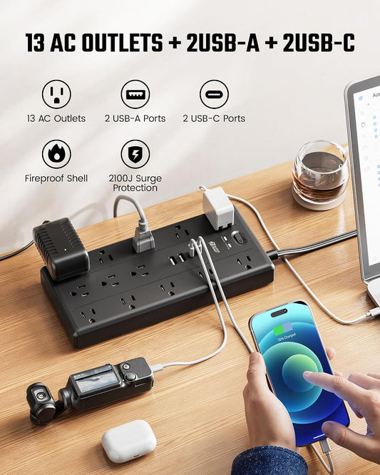 SUPERDANNY Surge Protector Power Bar with 13 Outlets & 4 USB (2 USB C), 6Ft