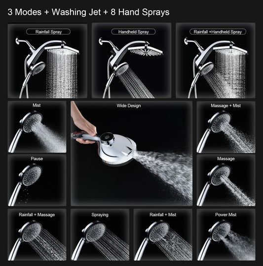 12" High Pressure Rain Shower Head with Handheld, 9 Sprays Hand Showerhead