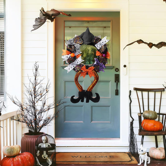 16 Inch Halloween Wreath with Witch Hat Legs for Front Door Halloween Door Sign Decoration - PuriLite