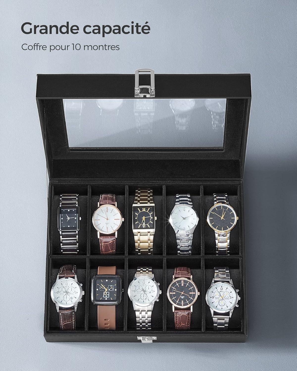 SONGMICS Watch Box, 6-Slot Watch Case, Watch Box Organizer, Black Synthetic Leather, Greenish Gray Lining UJWB06BK