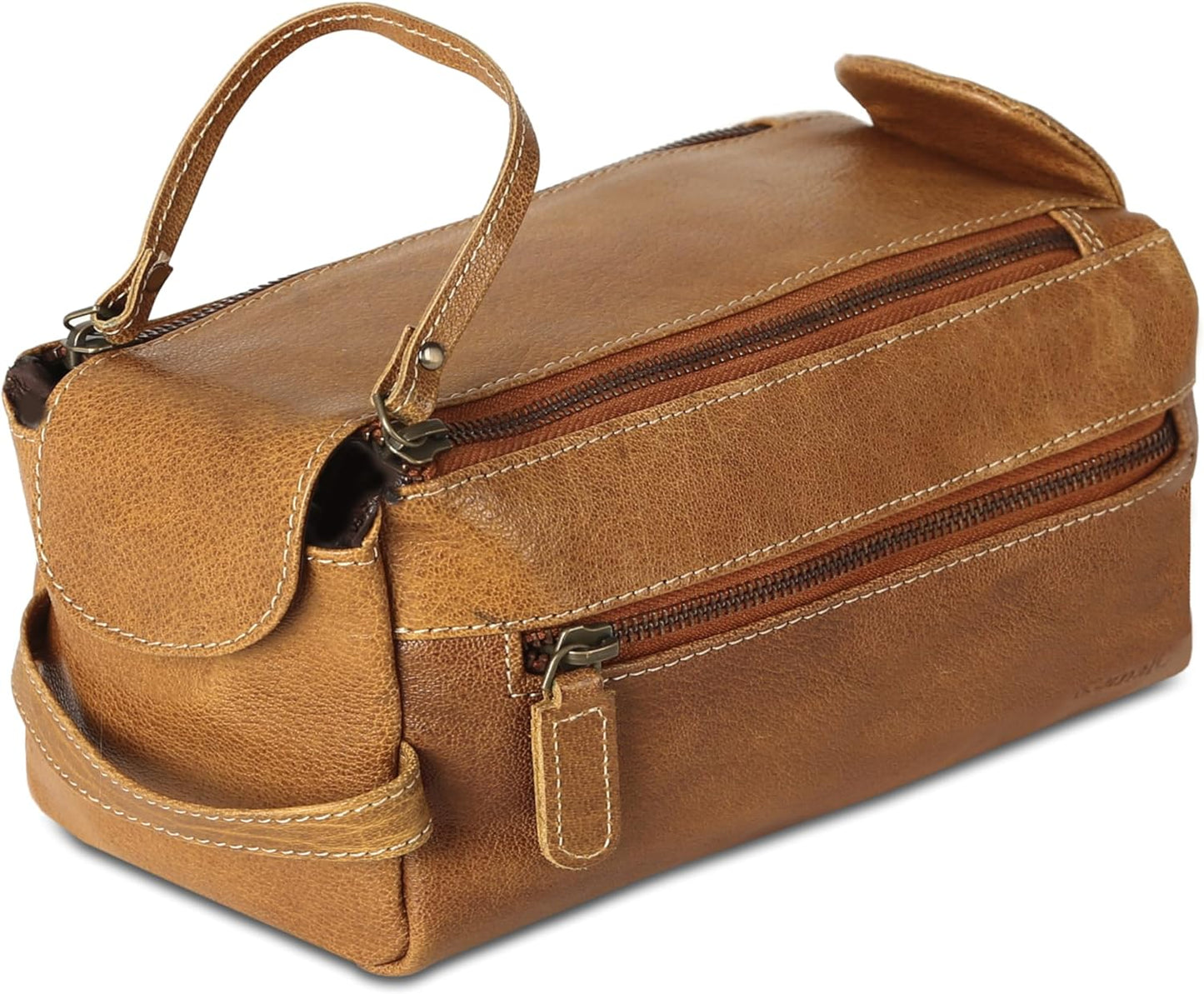 Premium Buffalo Leather Unisex Toiletry Bag Travel Dopp Kit Shaving kit (Distressed Tan)