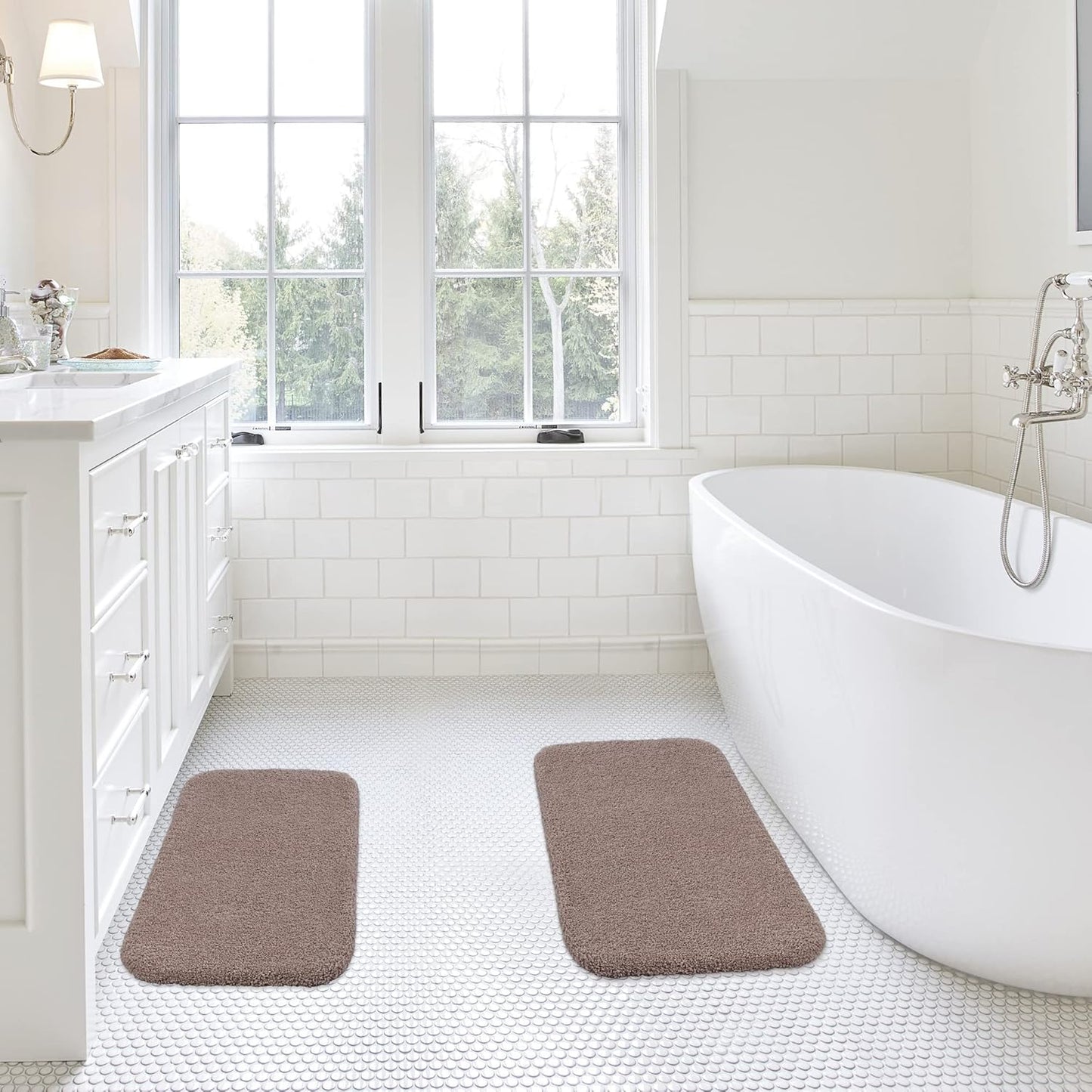 Bathroom Rugs Set 2 Pieces - Bath Rugs Ultra Soft Absorbent Non-Slip Fluffy Thick Microfiber Cozy Bath Mats Set for Tub Shower Bathroom Floors Accessories, 20"x32" & 16"x24" Set of 2 (Beige)