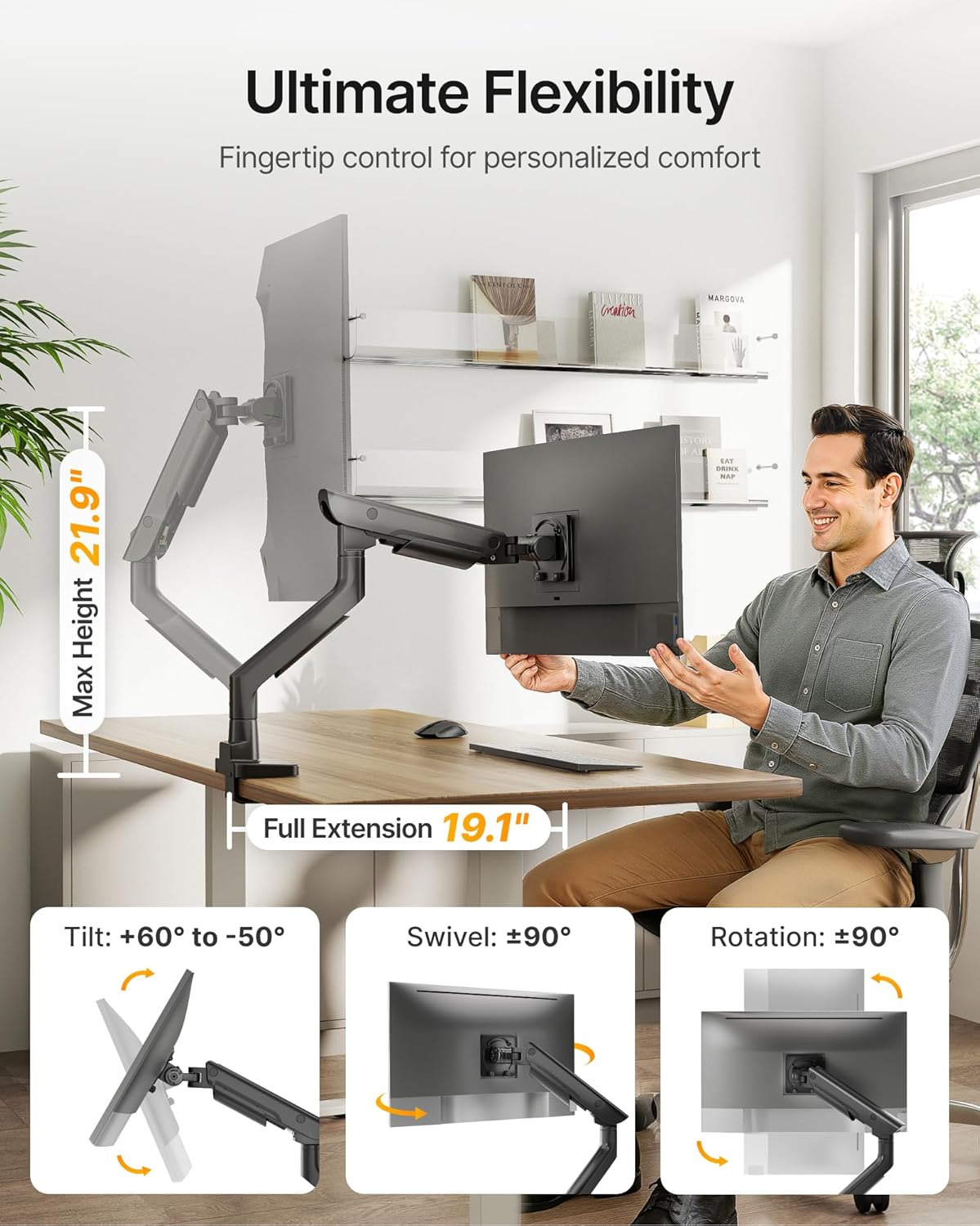 monTEK Premium Aluminum Monitor Arm for 17–57” Ultrawide Screens up to 59 lbs, USB 3.0 Single Desk Mount with Adjustable Gas Spring, Quick-Release Plate, 10-Min Assembly, Clamp/Grommet, VESA 100x100