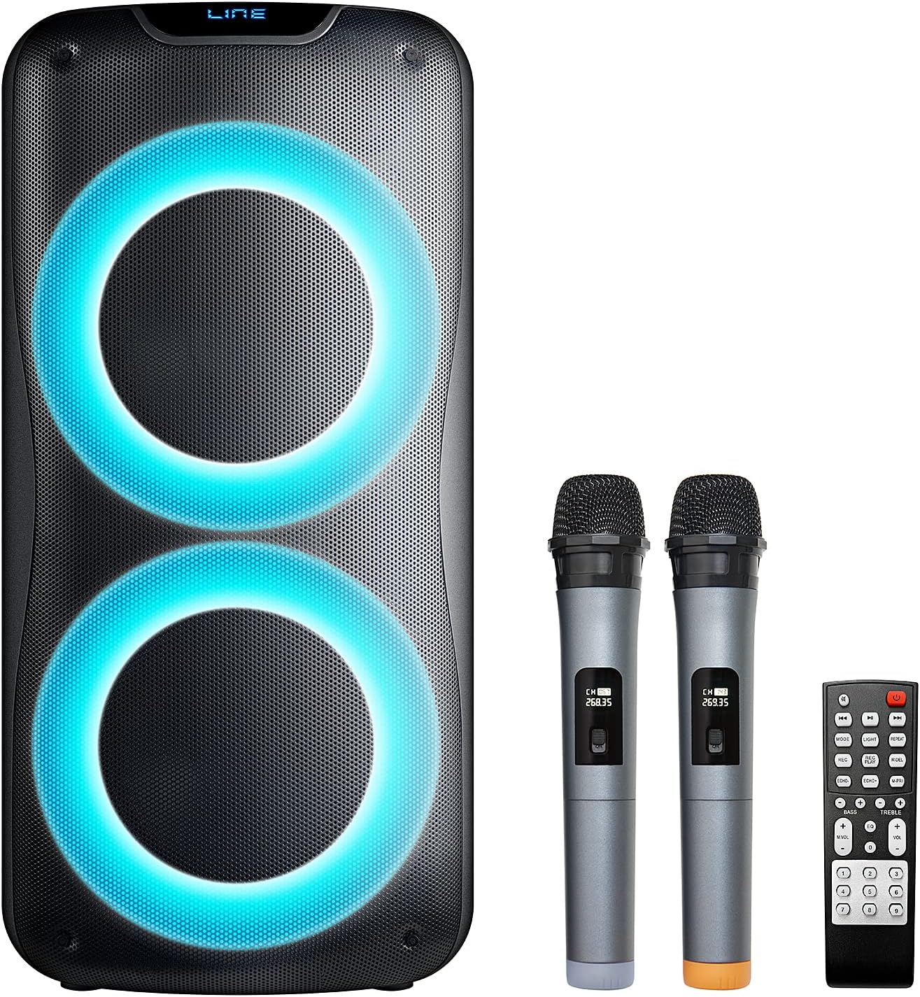 800W Rechargeable Karaoke Machine with Dual 8" Woofers, LED Lights, Bluetooth/USB/AUX, 2 Wireless Microphones & Remote Control (Batteries Not Included), Charging Cable Included